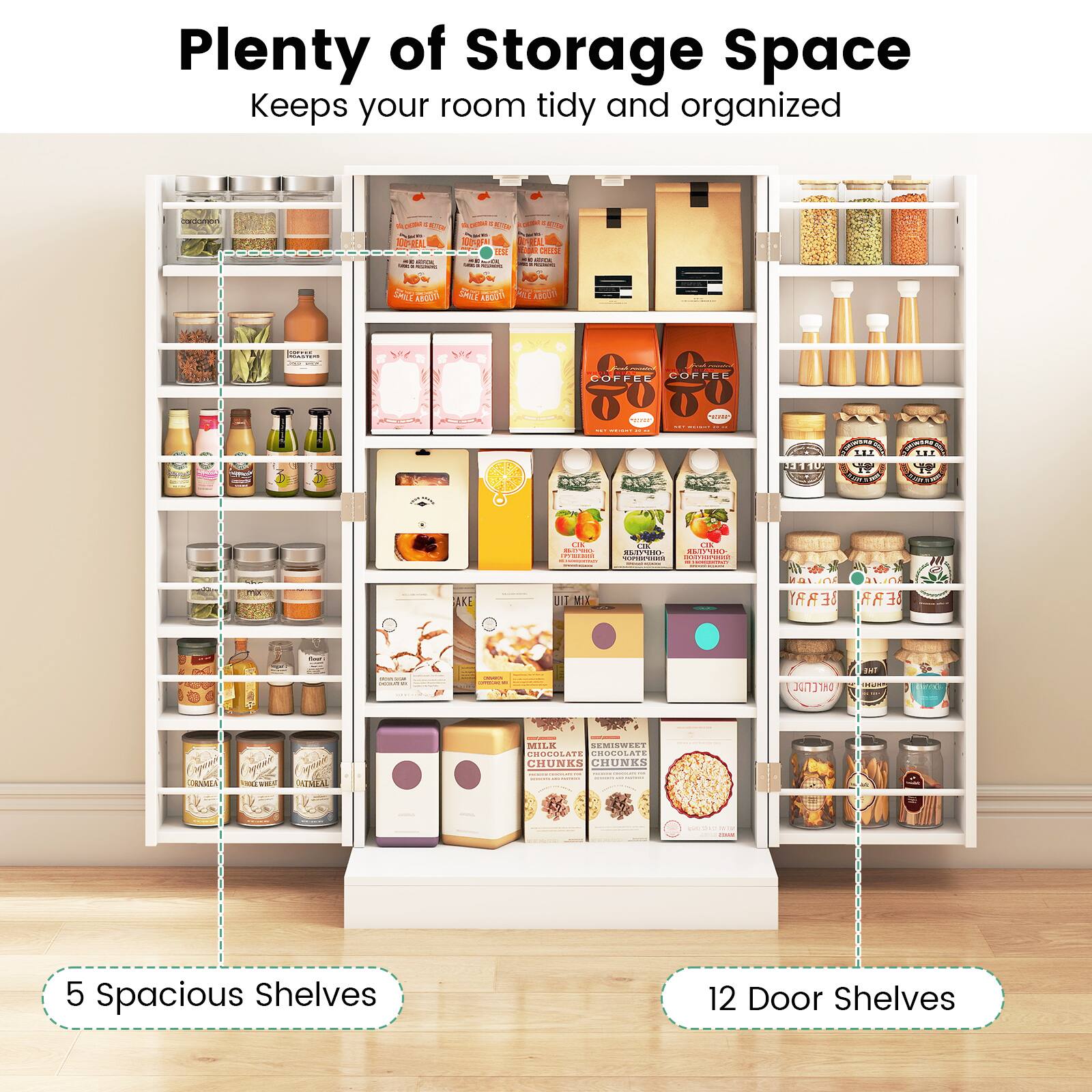 Plenty of Storage Space Keeps your room tidy and organized

5 Spacious Shelves

12 Door Shelves