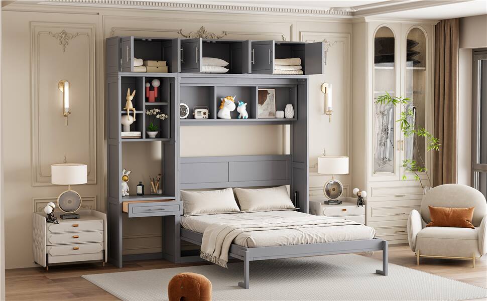 Alt View 2. Tiramisubest - Queen Size Murphy Bed with Desk, Storage, Foldable, Gray - Gray.