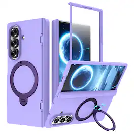 Dteck - Shockproof Magnetic Case for Samsung Galaxy Z Fold8 Ultra with Kickstand, Rigid PC Protective Cover Built-in Screen Film - Purple