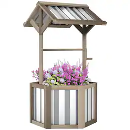 Outsunny - Wooden Wishing Well Planter, Raised Garden Bed with Galvanized Canopy, Hexagon Outdoor Planter Box - Light Gray