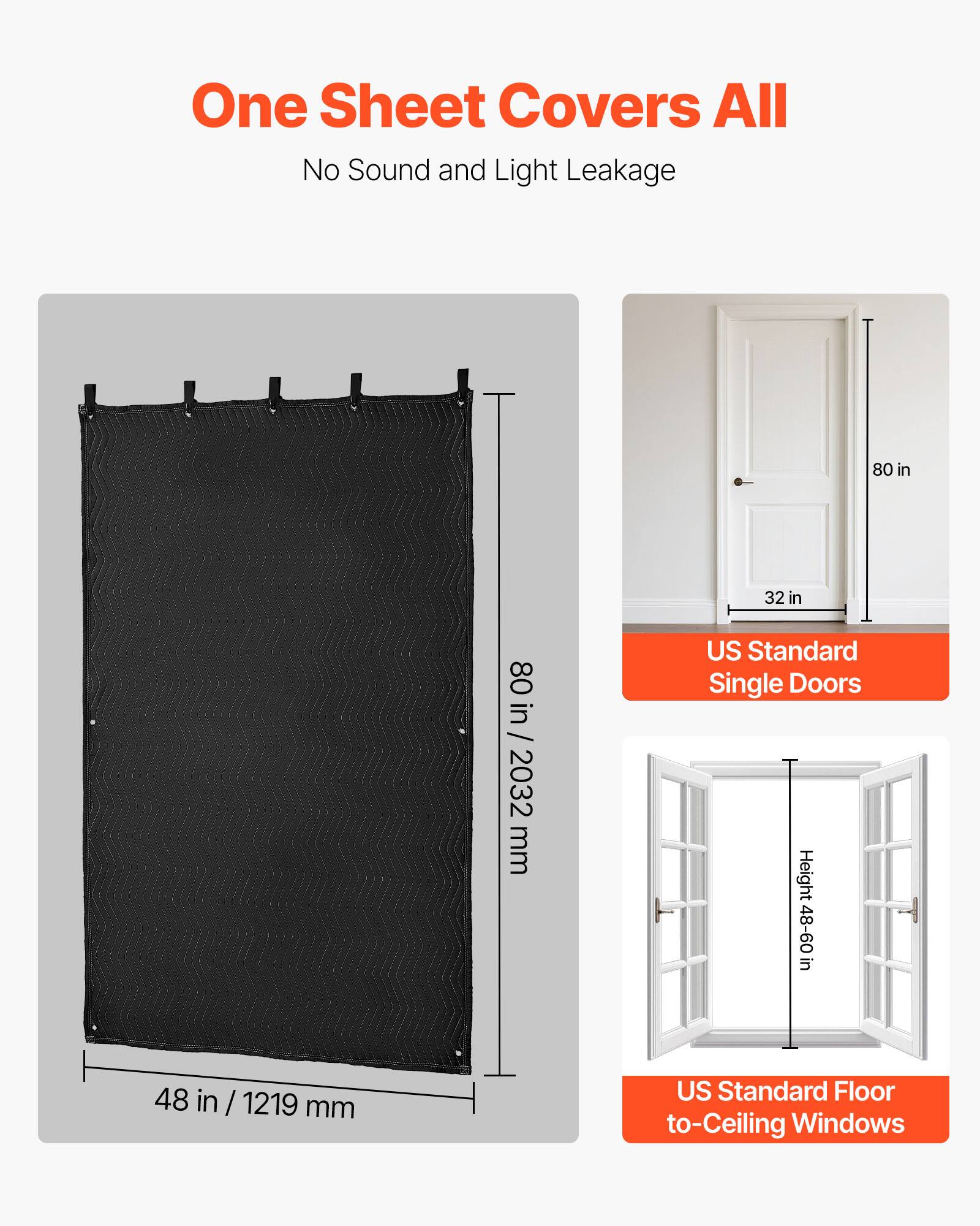 One Sheet Covers All  
No Sound and Light Leakage  

80 in / 2032 mm  
US Standard Single Doors  
Height 48-60 in / 1219 mm  
US Standard Floor to-Ceiling Windows