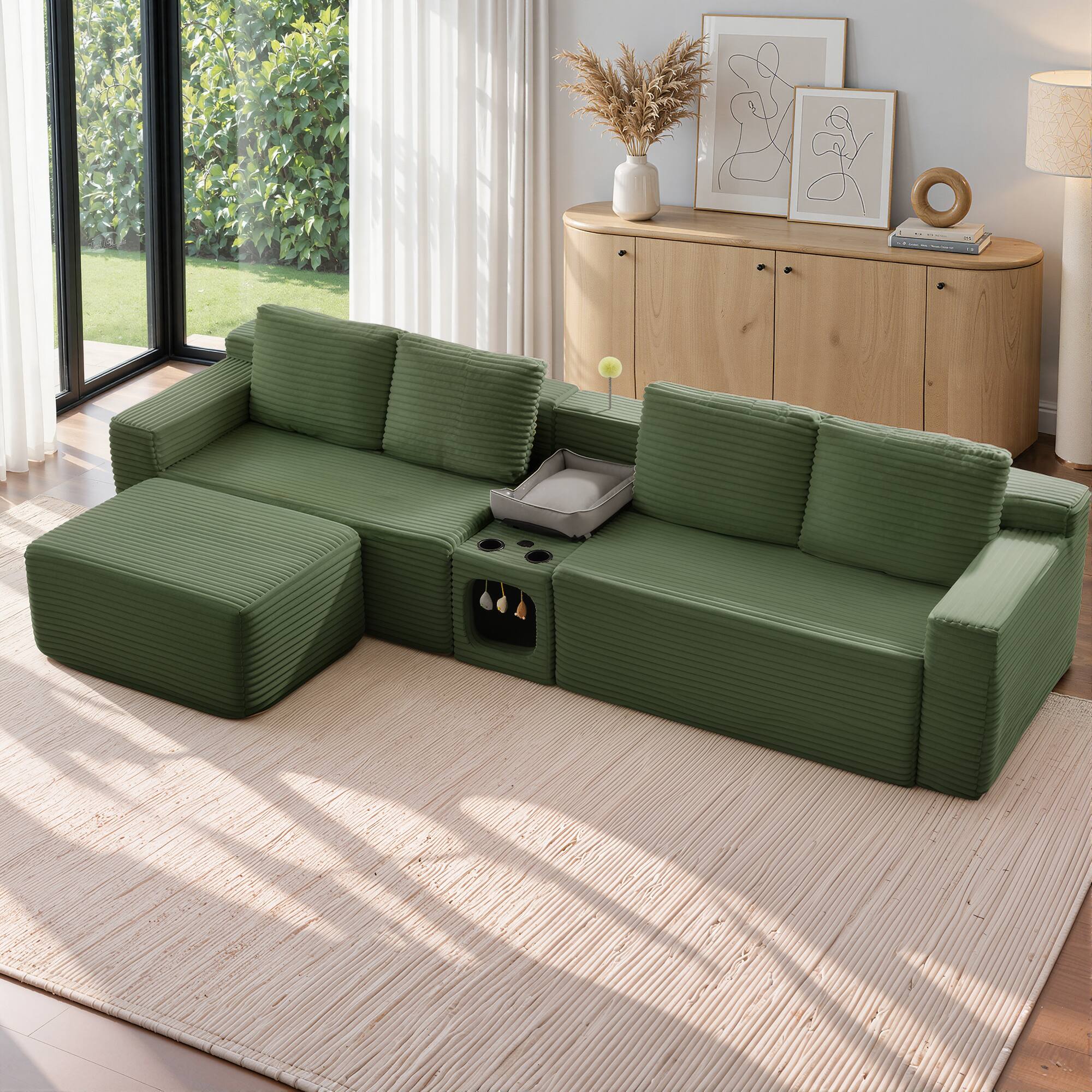 Alt View 1. Meqiodas - 118" Corduroy Boneless Couch, Modular Sectional Sofa, with 1 Ottoman, Cat House Design, Storage & Cup Holders - Green.