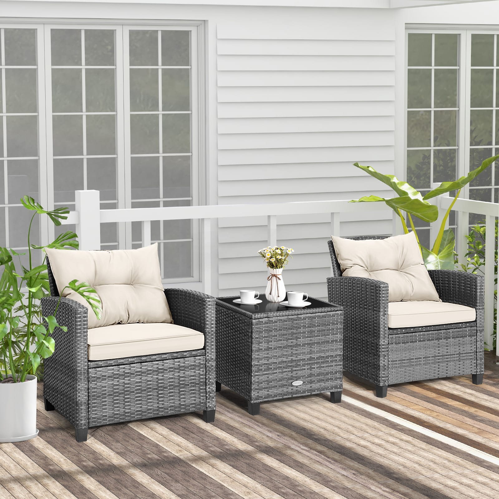 Front. Costway - Costway 3PCS Patio Rattan Furniture Bistro Set Cushioned Sofas Side Table Armrest - MiX Gray + Beige.