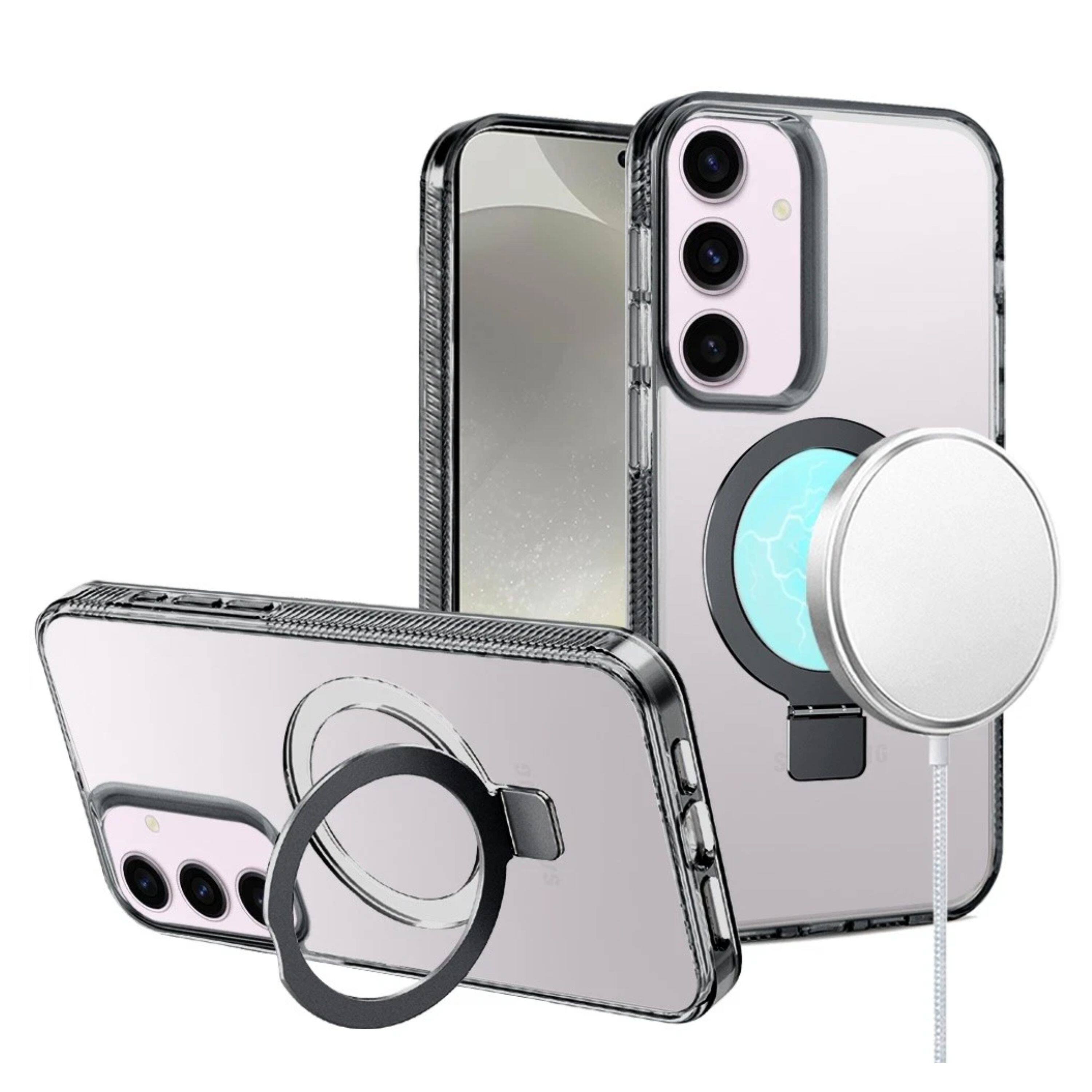 Angle. Kitcheniva - Translucent Magnetic Circle Stand Phone Case With Tempered Glass For Samsung Galaxy S25/S24 Black - Black.