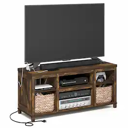 Furinno - FARMHOUSE TV Stand with Charging Station, Entertainment Center, TV Console for TVs up to 55 In, for Living Room, Bedroom - Amber Pine
