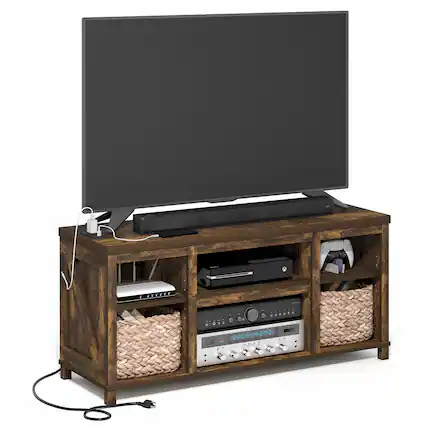 Front. Furinno - FARMHOUSE TV Stand with Charging Station, Entertainment Center, TV Console for TVs up to 55 In, for Living Room, Bedroom - Amber Pine.