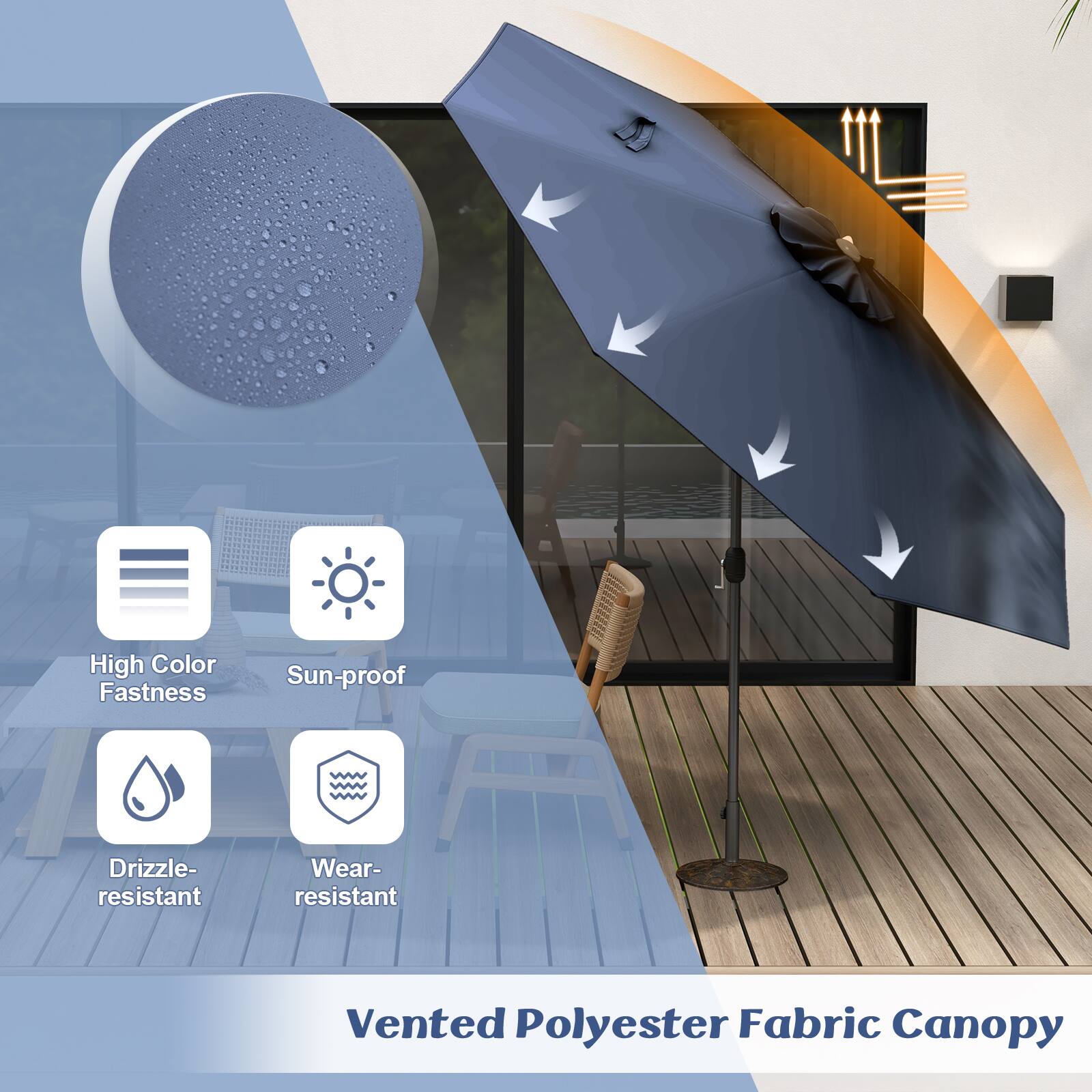 High Color Fastness  
Sun-proof  
Drizzle-resistant  
Wear-resistant  
Vented Polyester Fabric Canopy
