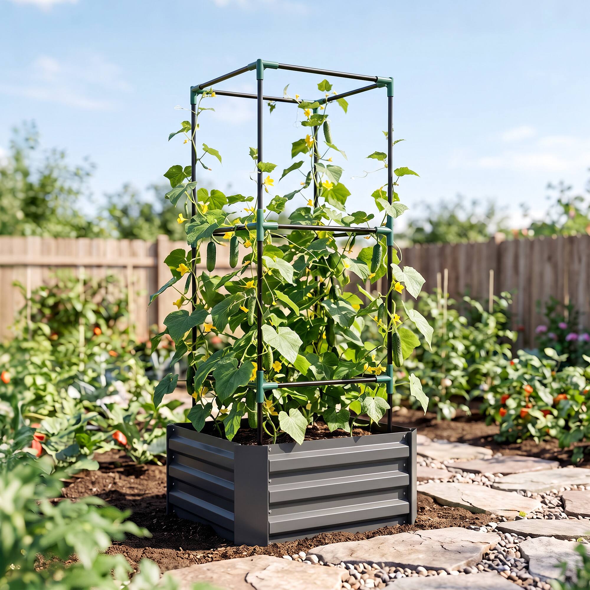 Alt View 1. Outsunny - Planter Box, 24" x 24" x 55" Raised Garden Bed with Tomato Cage for Climbing Vines - Dark Gray.
