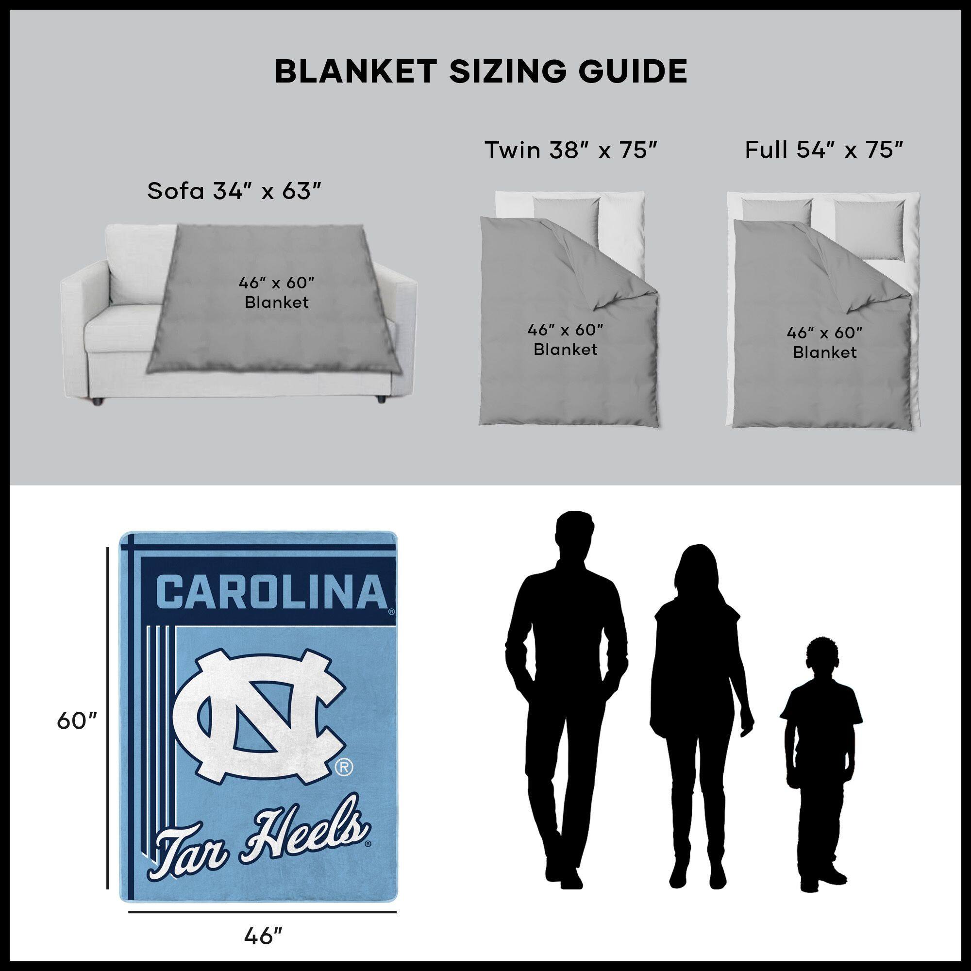 BLANKET SIZING GUIDE

Sofa 34" x 63"  
46" x 60" Blanket

Twin 38" x 75"  
46" x 60" Blanket

Full 54" x 75"  
46" x 60" Blanket

CAROLINA  
Tar Heels  
46" x 60"