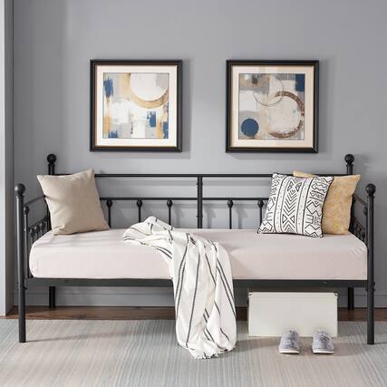 Front. Vecelo - Metal Twin Size Daybed Frame with Slats, Headboard & 12.6" Storage Space for Bedroom Guest Room or Living Room - Black.