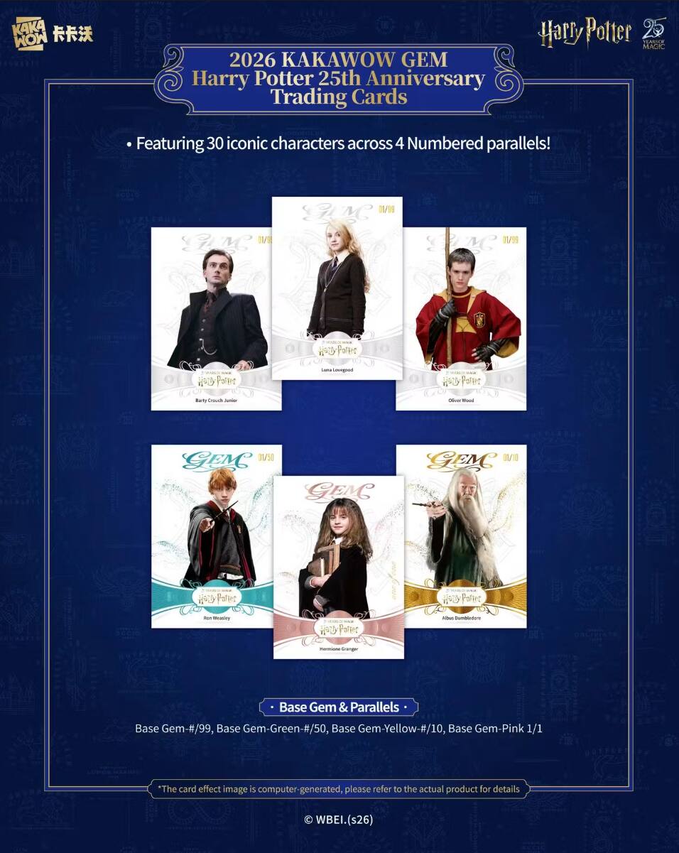 KAKA MOM  
2026 KAKAWOW GEM Harry Potter 25th Anniversary Trading Cards  
Harry Potter 25 YEARS OF MAGIC  
Featuring 30 iconic characters across 4 Numbered parallels!  
AM 01/9  
LANC 01/99  
01/99  
- Hou-Potes  
Parent  
Lesta Lovegood  
Potter  
Barty Crouds Junion  
Oliver Wood  
GEM 01/50  
GIRMC  
GEM 01/10  
Partic  
Portet  
how Weasley  
HOTO  
NUTRIC Dumbledone  
Kermone Granger  
Base Gem & Parallels Base Gem-#/99, Base Gem-Green-#/50, Base Gem-Yellow-#/10, Base Gem-Pink 1/1  
*The card effect image is computer-generated, please refer to the actual product for details  
WBEI.(s26)