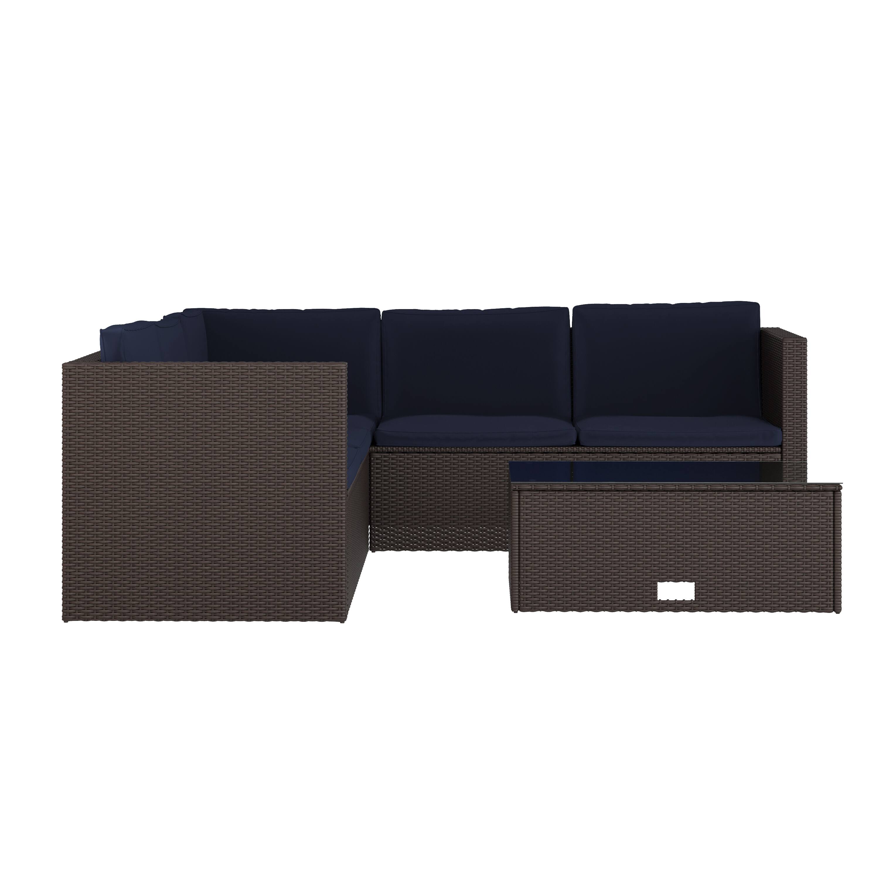 Alt View 8. Emma + Oliver - Beal All Weather Wicker PE Rattan L-Shaped Sectional Sofa with Coffee Table and Included Back and Seat Cushions - Navy Cushions/Brown Frame.