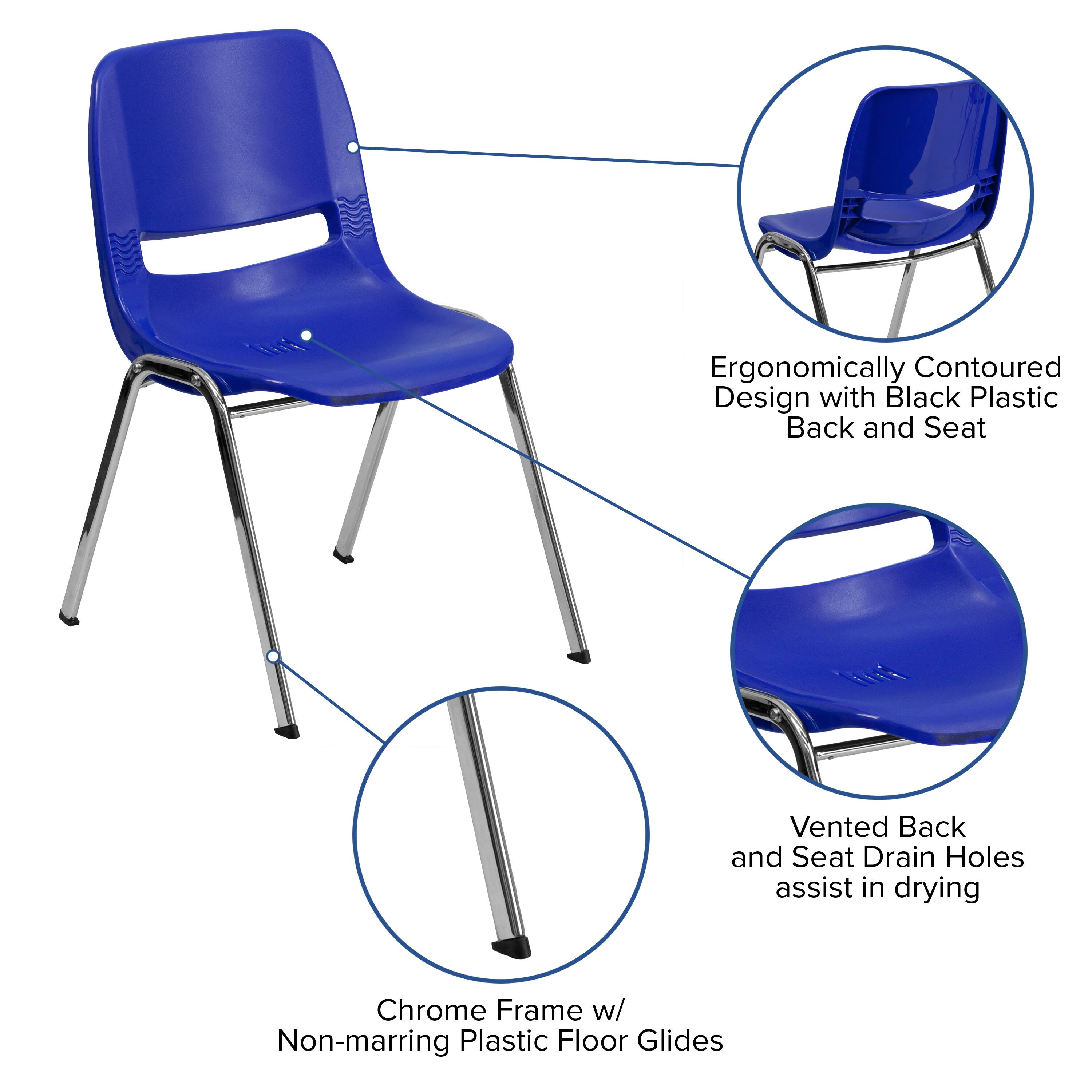 Ergonomically Contoured Design with Black Plastic Back and Seat  
Vented Back and Seat Drain Holes assist in drying  
Chrome Frame w/ Non-marring Plastic Floor Glides