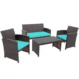 Gymax - 4PCS Patio Conversation Set Outdoor Rattan Furniture Set w/ Cushions - Turquoise