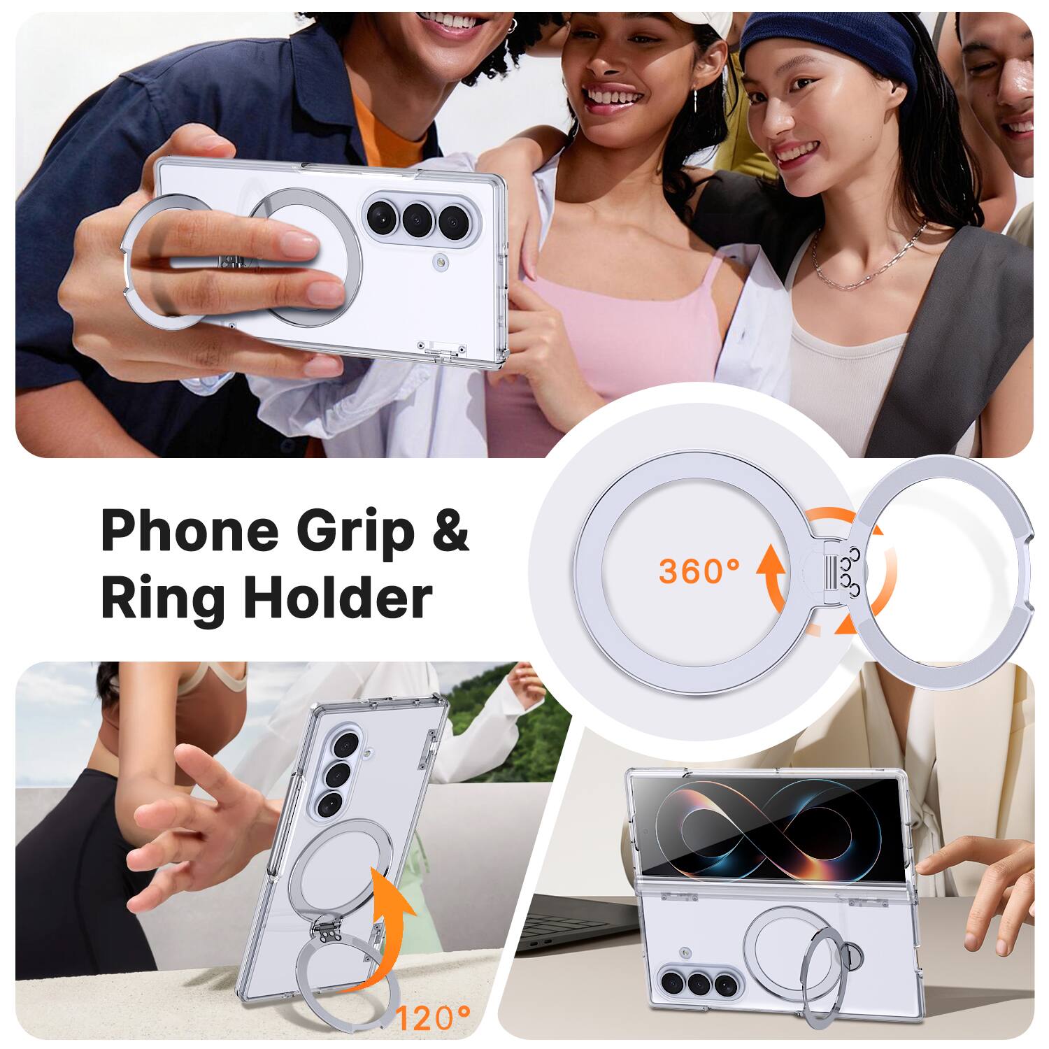Phone Grip & Ring Holder

360°

120°