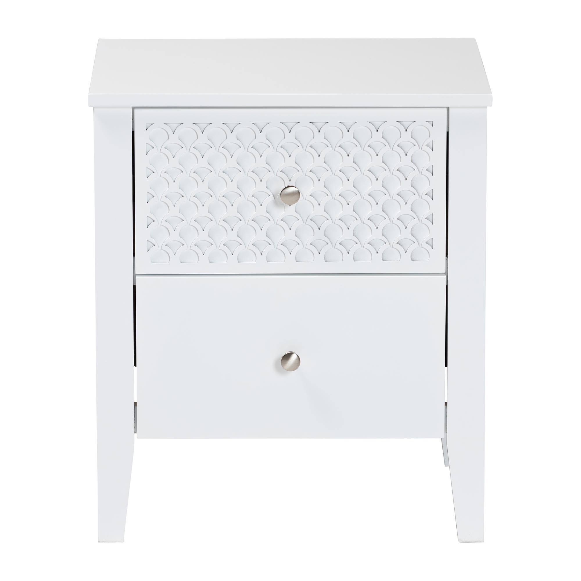 Left. Baxton Studio - Lara Nightstand - 2-Drawer Bedside Table with Laser-Cut Geometric Overlay for Bedroom or Guest Room - White.