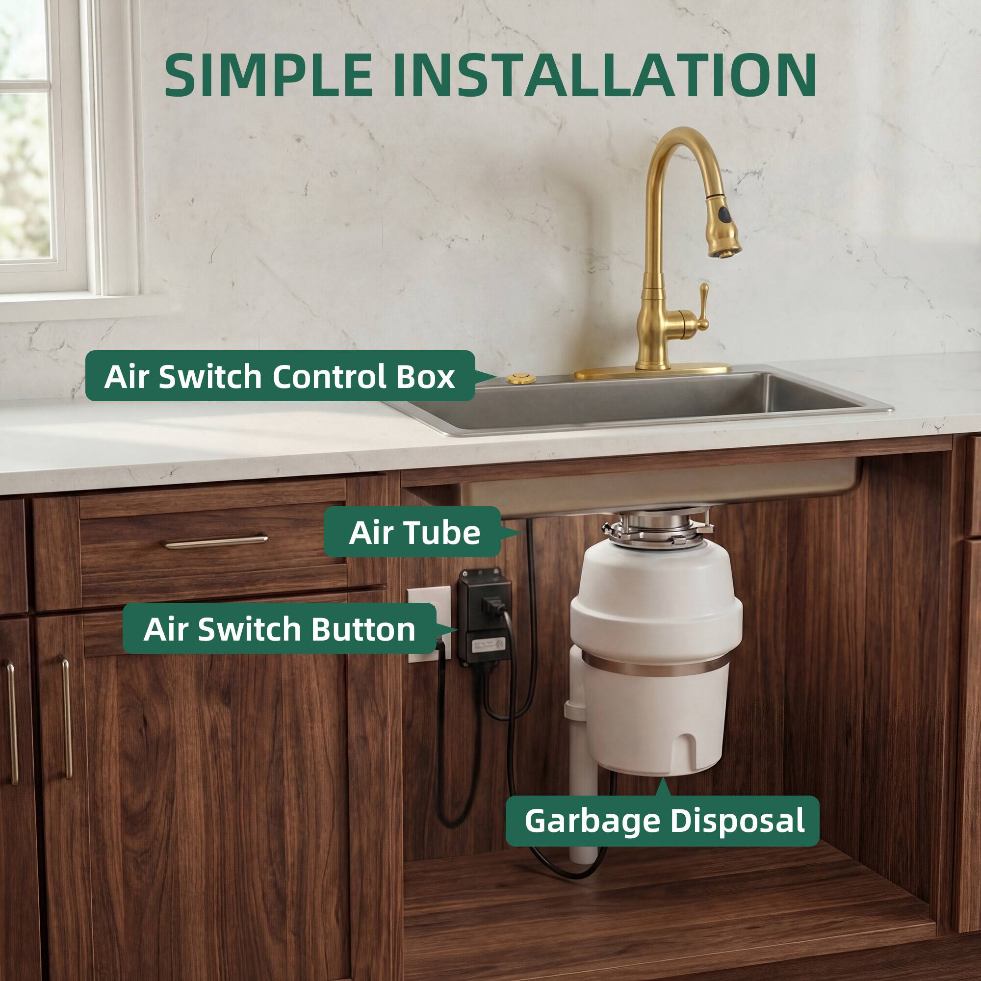 SIMPLE INSTALLATION

- Air Switch Control Box
- Air Tube
- Air Switch Button
- Garbage Disposal