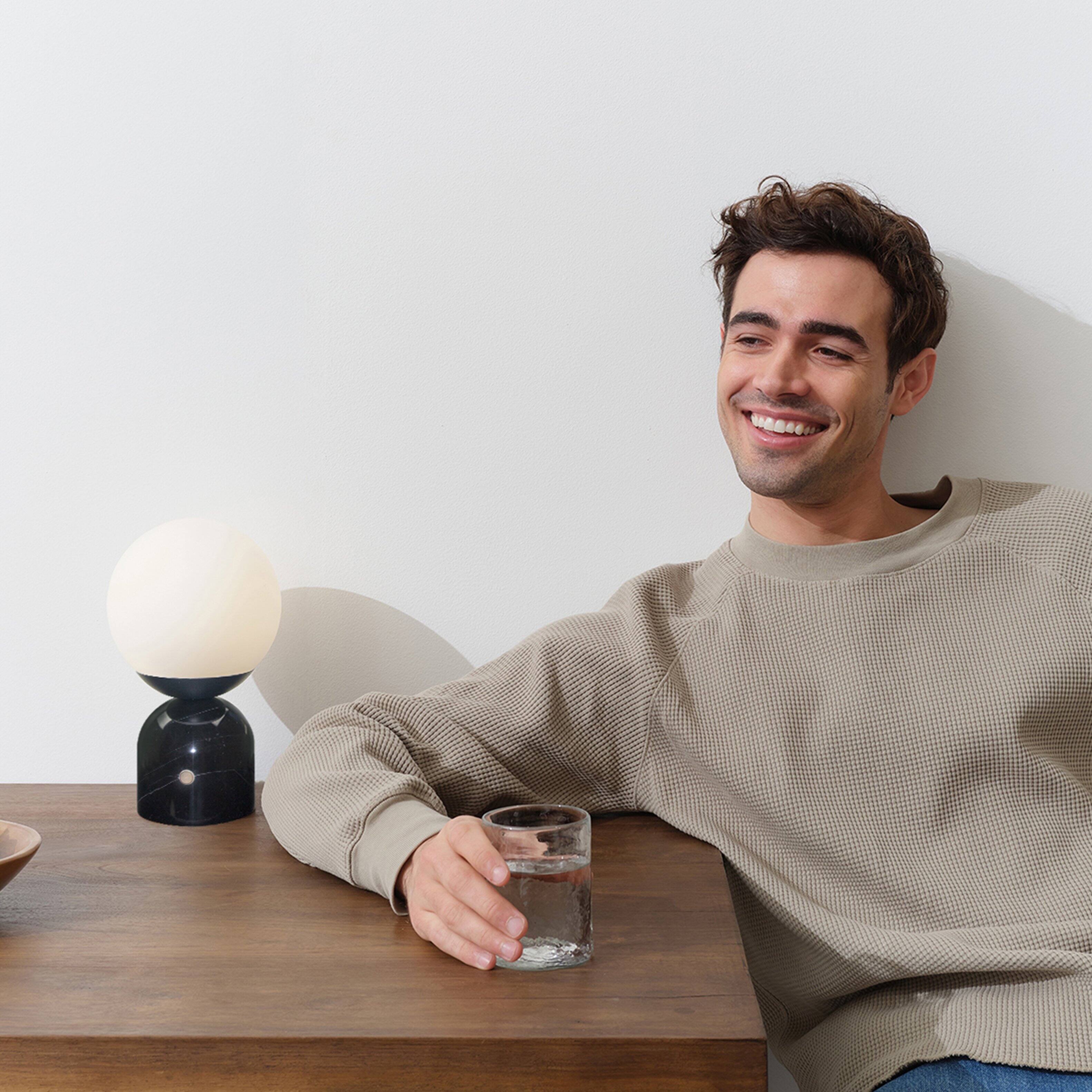 Back. Brightech - Mila LED Modern Contemporary Round Globe Dimmable Bedside Nightstand Desk Lamp with Frosted White Glass Shade - Glossy Classic Black Marble.