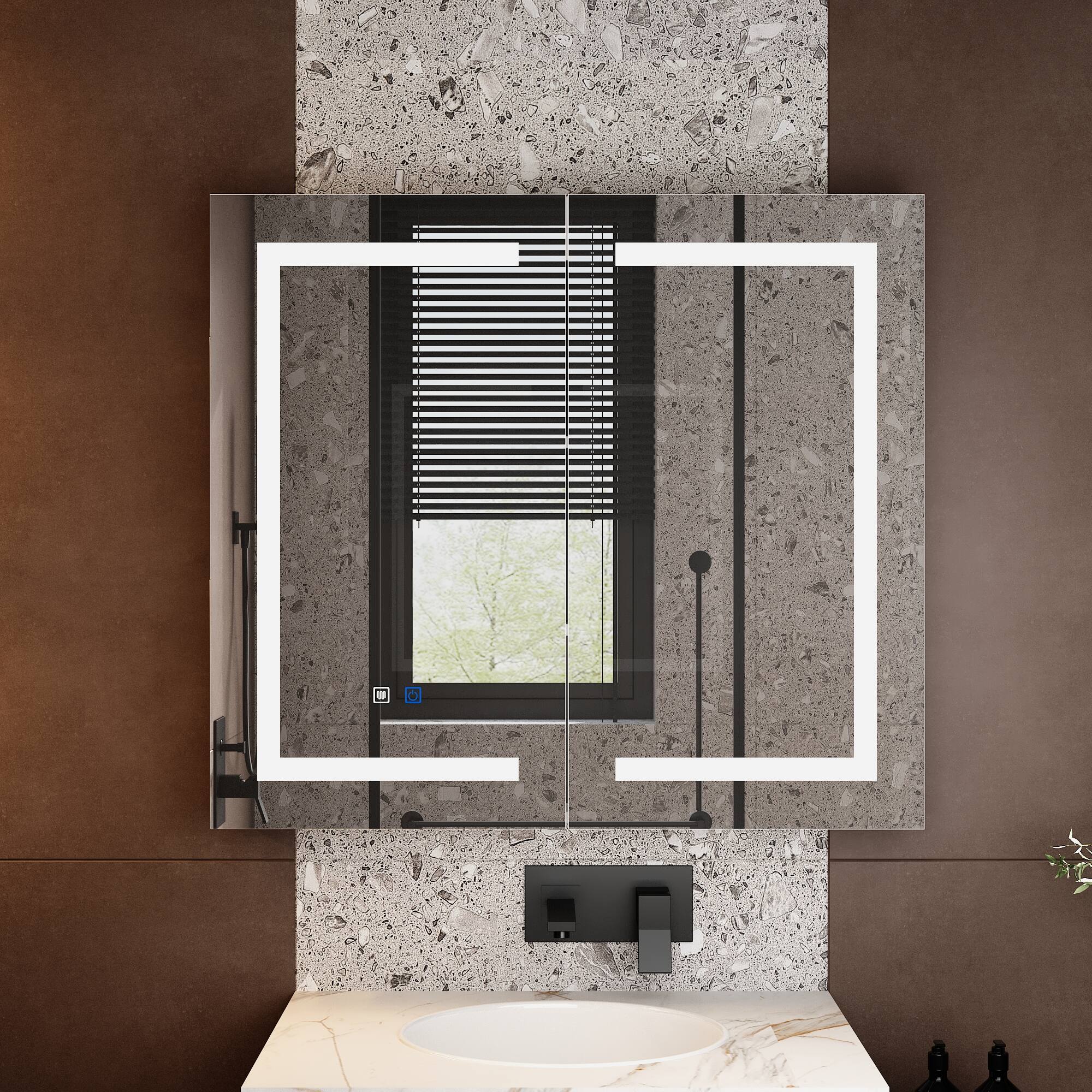 Angle. Famapy - Smart Bathroom Mirror Cabinet with LED Lighting, Anti-Fog, Hidden Storage & Modern Vanity Design - White.