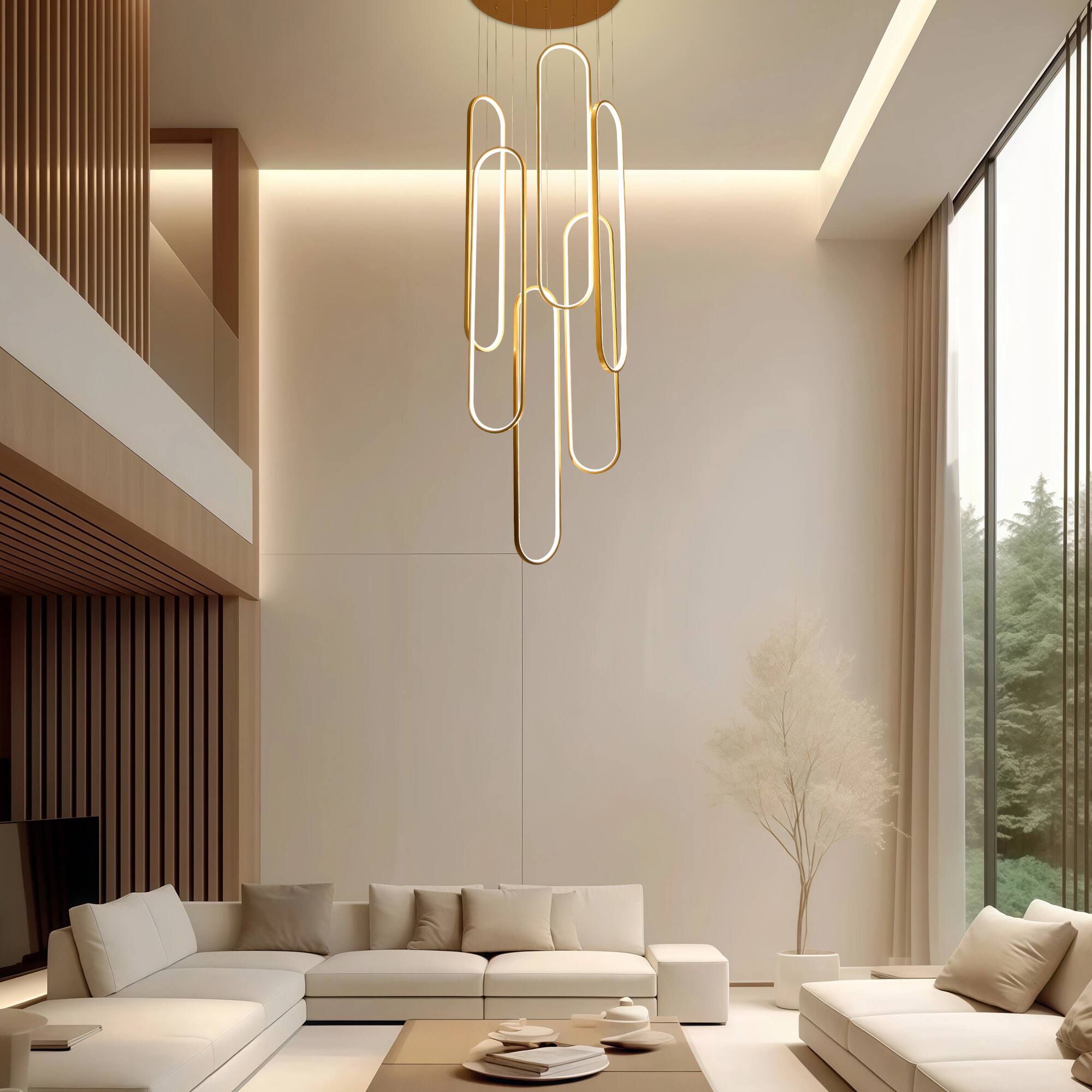Angle. RYHNUYNE - 6-Ring Modern LED Dimmable Pendant Light Fixture,Gold Large High Ceiling Chandelier,Contemporary Light for Staircase - Gold.