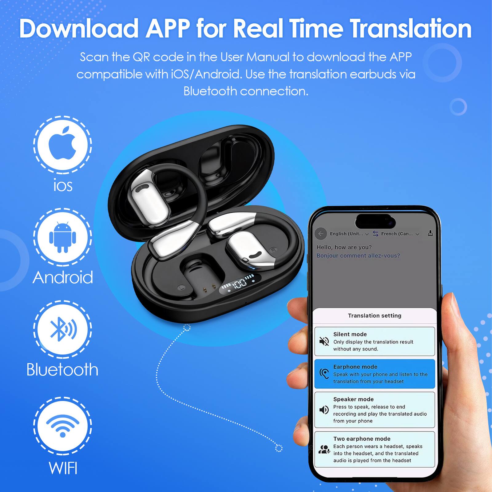 Download APP for Real Time Translation

Scan the QR code in the User Manual to download the APP compatible with iOS/Android. Use the translation earbuds via Bluetooth connection.

- iOS
- Android
- Bluetooth
- WIFI

Translation setting

- Silent mode: Only display the translation result without any sound.
- Earphone mode: Speak with your phone and listen to the translation from your headset.
- Speaker mode: Press to speak, release to end recording and play the translated audio from your phone.
- Two earphone mode: Each person wears a headset, speaks into the headset, and the translated audio is played from the headset.

Hello, how are you?
Bonjour comment allez-vous?