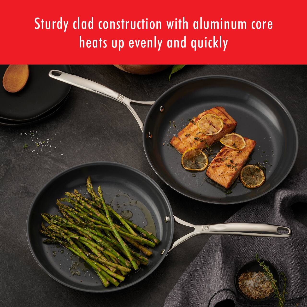 Sturdy clad construction with aluminum core heats up evenly and quickly