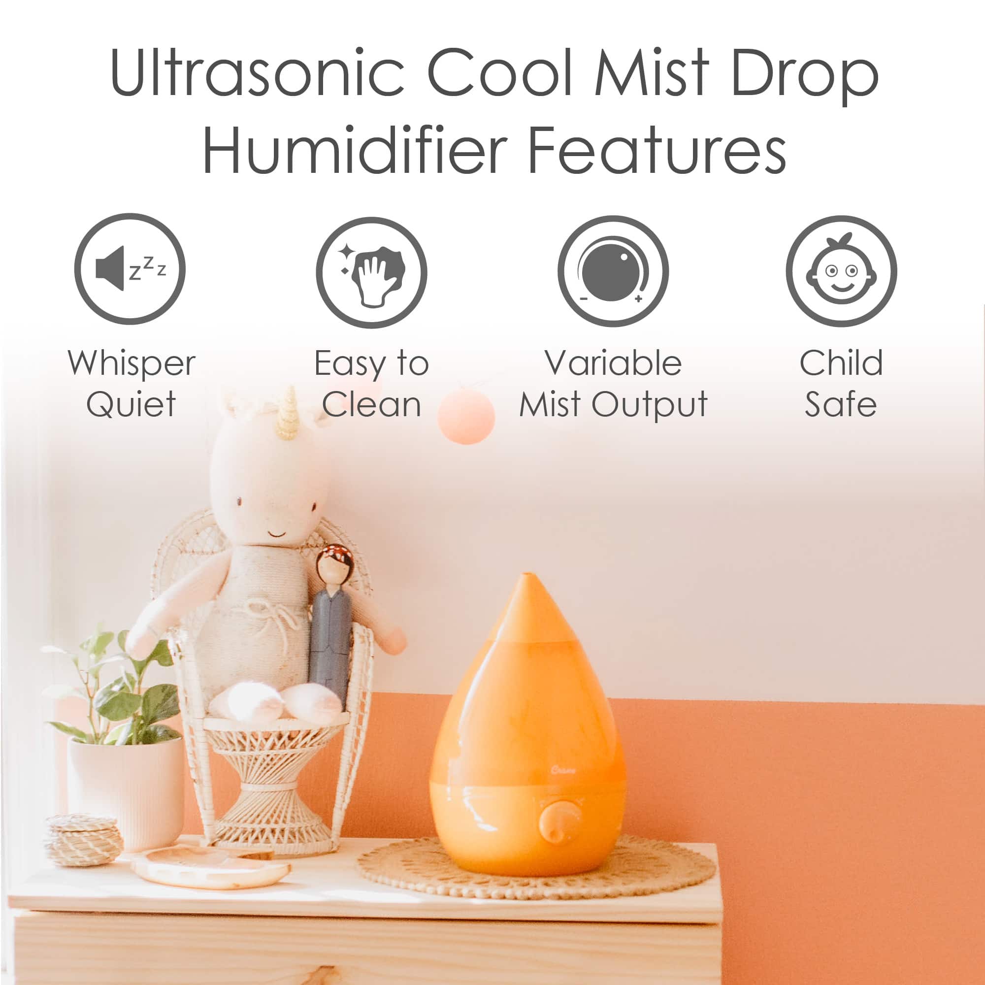 The image features a humidifier with a child figurine nearby, and it is described as having various features such as whisper quiet operation, easy cleaning, variable mist output, and child safety. The humidifier is placed on a wooden surface, and there is a potted plant nearby.