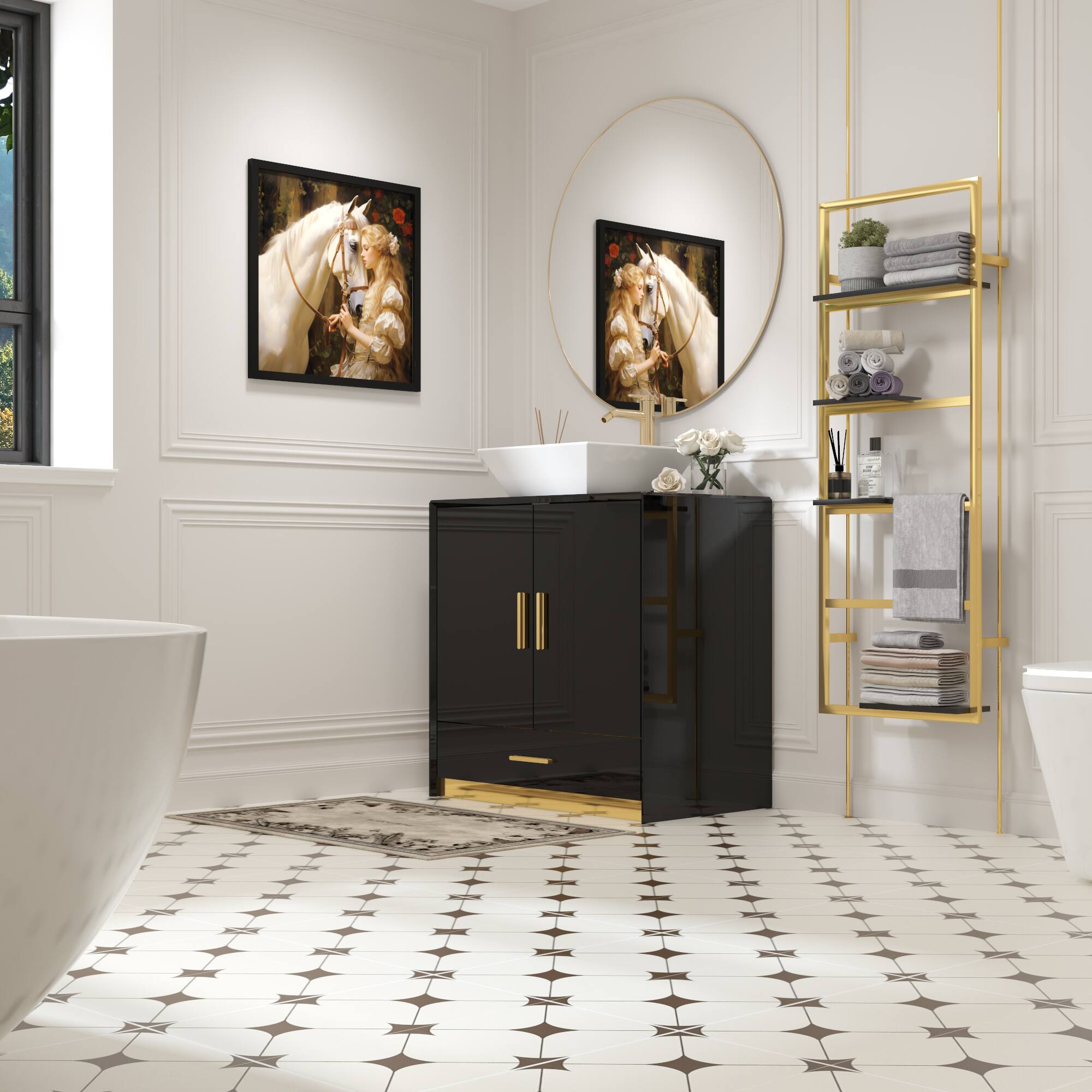 Alt View 7. Famapy - Bathroom Vanity with Ceramic Basin – High Gloss Storage Cabinet with Drawer, Modern Luxury Sink Unit - White & Black.