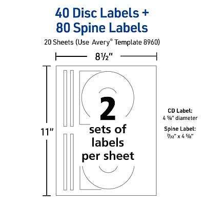 40 Disc Labels + 80 Spine Labels  
20 Sheets (Use Avery® Template 8960)  

8½" x 11"  
2 sets of labels per sheet  

CD Label: 4 5/8" diameter  
Spine Label: 7/8" x 4 5/8"