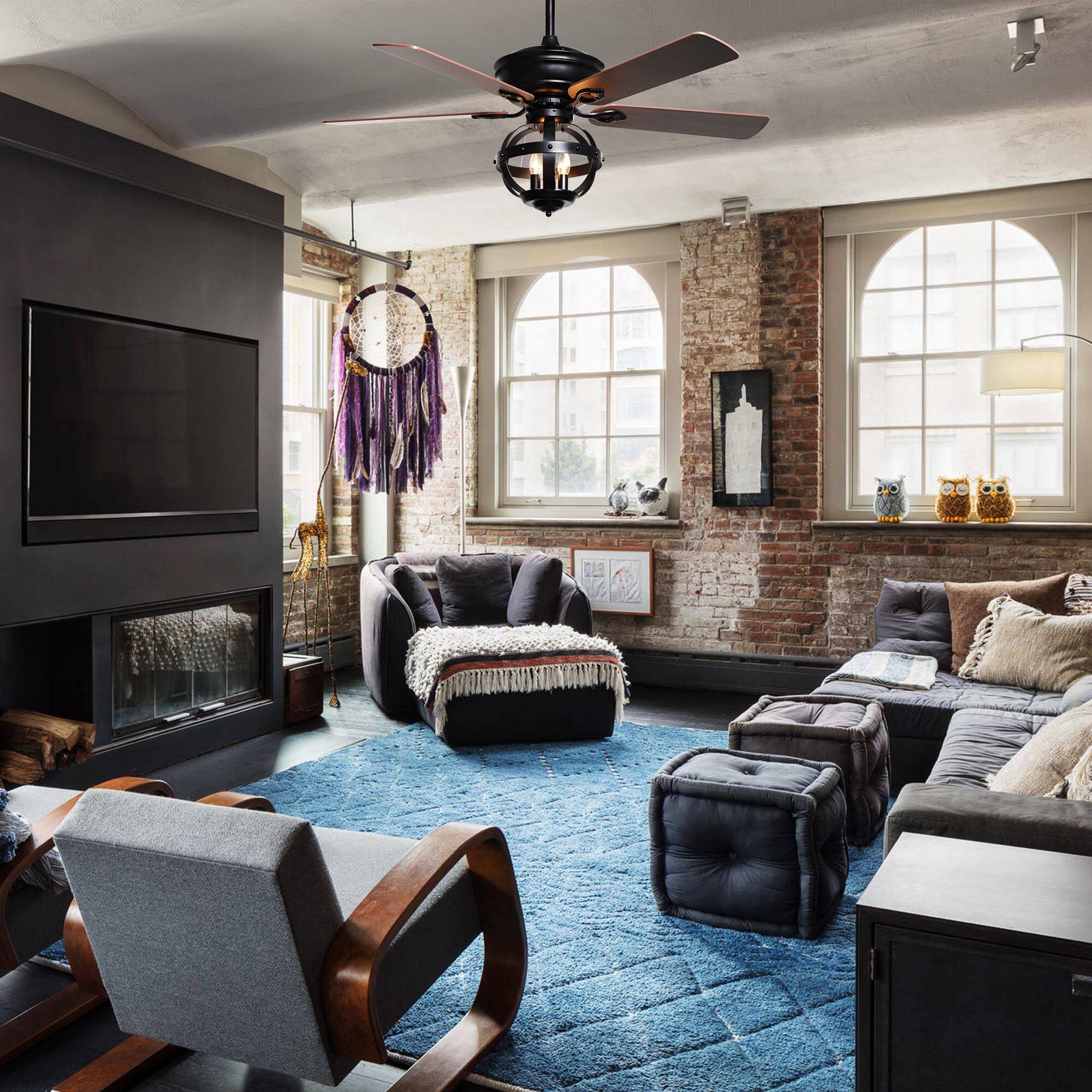 Back. Parrot Uncle - 52" Industrial Blacke Ceiling Fan with Remote Control - Black.