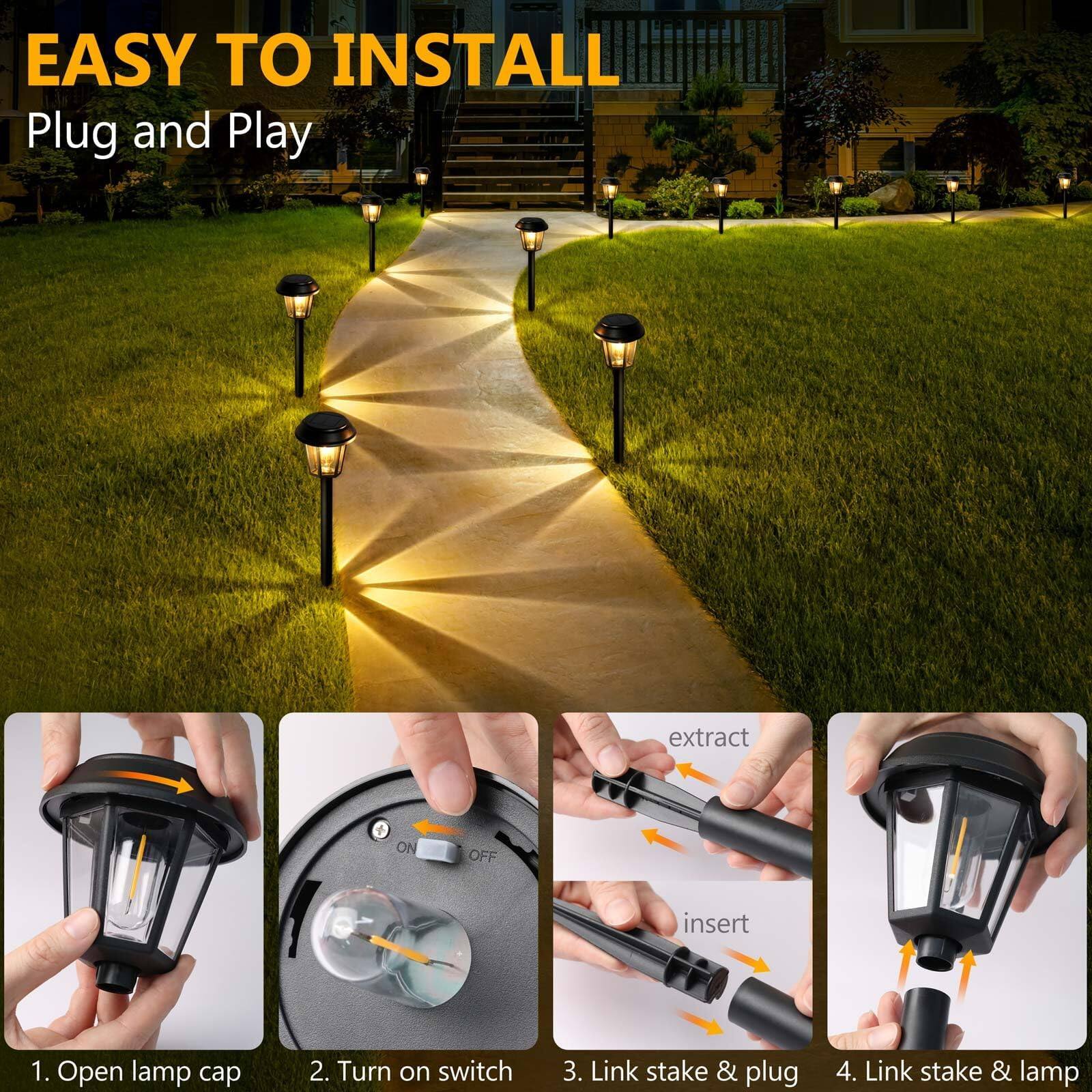 EASY TO INSTALL  
Plug and Play

1. Open lamp cap
2. Turn on switch
3. Link stake & plug
4. Link stake & lamp