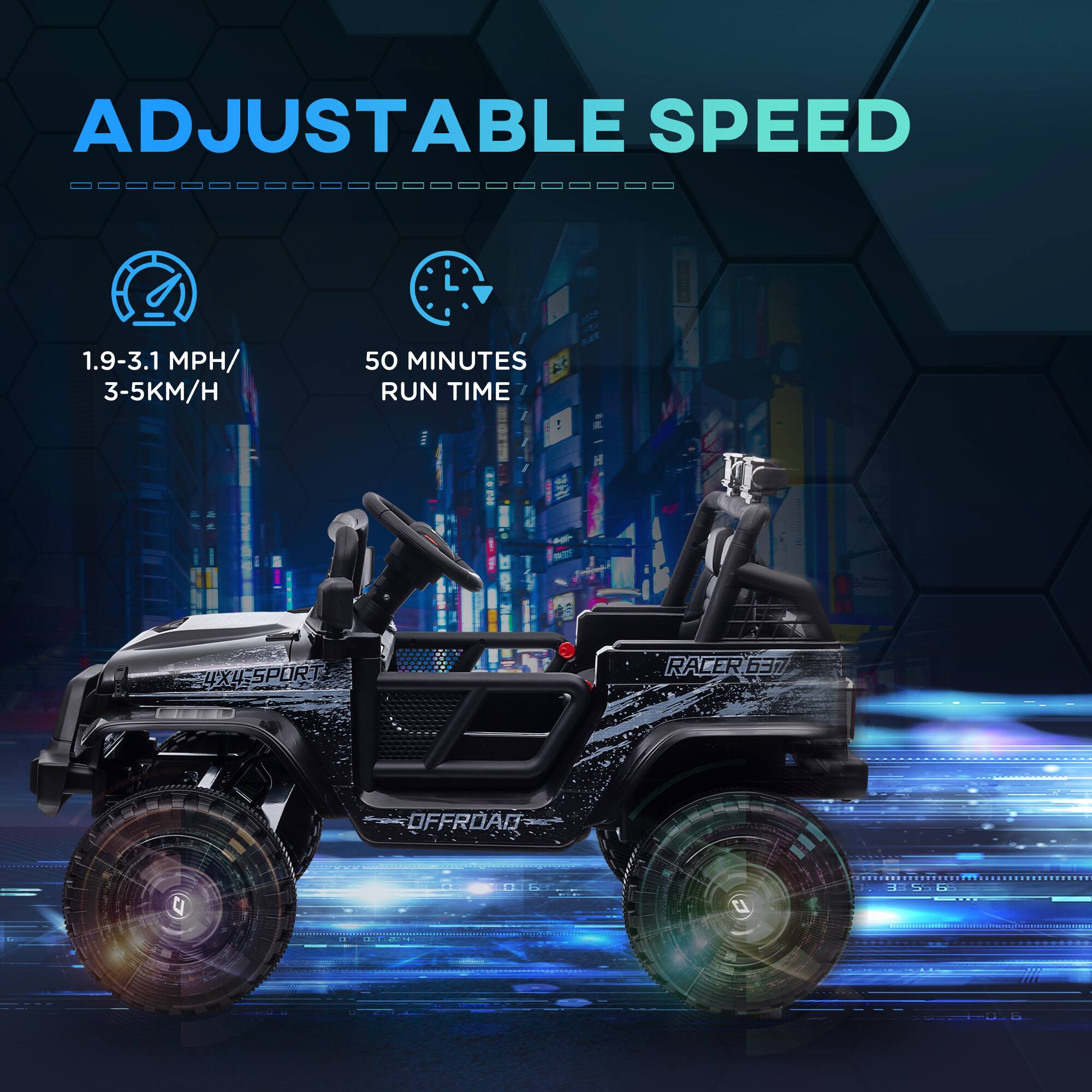ADJUSTABLE SPEED

1.9-3.1 MPH / 3-5 KM/H

50 MINUTES RUN TIME

4X4 SPORT

RACER 637

OFFROAD
