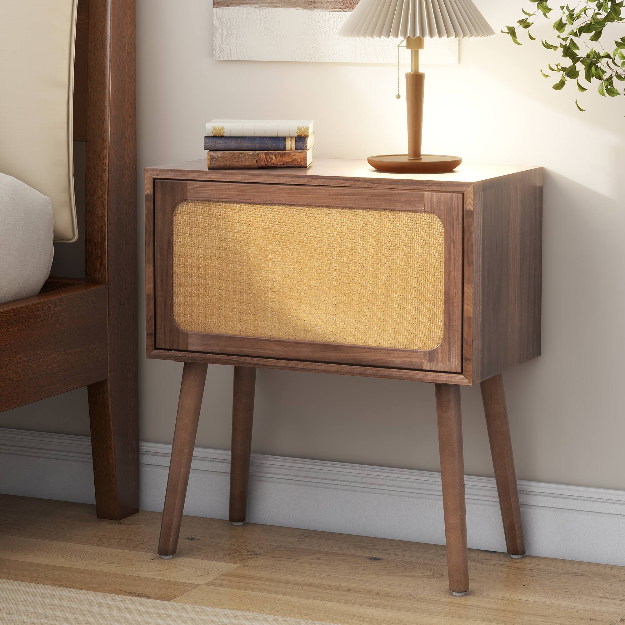 Angle. Whisen - Rotating Nightstand with Hidden Compartments, Rattan Bedside Table and Storage End Table - Walnut.