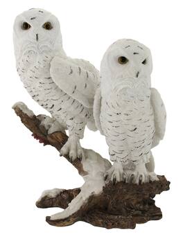 Zeckos - Pair of Snow Owls on a Branch Statue - White
