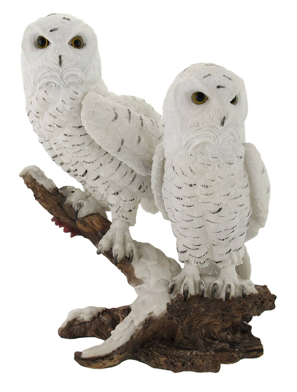 Front. Zeckos - Pair of Snow Owls on a Branch Statue - White.