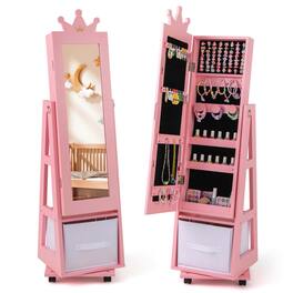 Costway - Kids Jewelry Cabinet with Full-Length Mirror Foldable Drawer Anti-toppling System - Pink