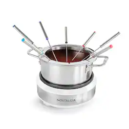 Nostalgia - 8-Cup Fondue Dipping Pot with 6 Fondue Forks - White and Stainless Steel