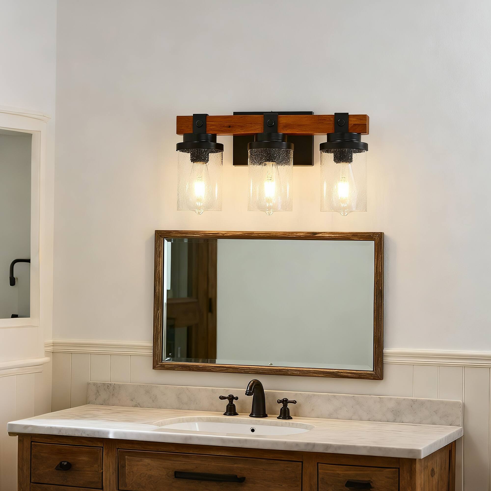 Back. TinyHomie - 3 Light Matte Black And Wooden Wall Lamps With Glass Shades No Bulbs For Bathroom Or Bedroom.