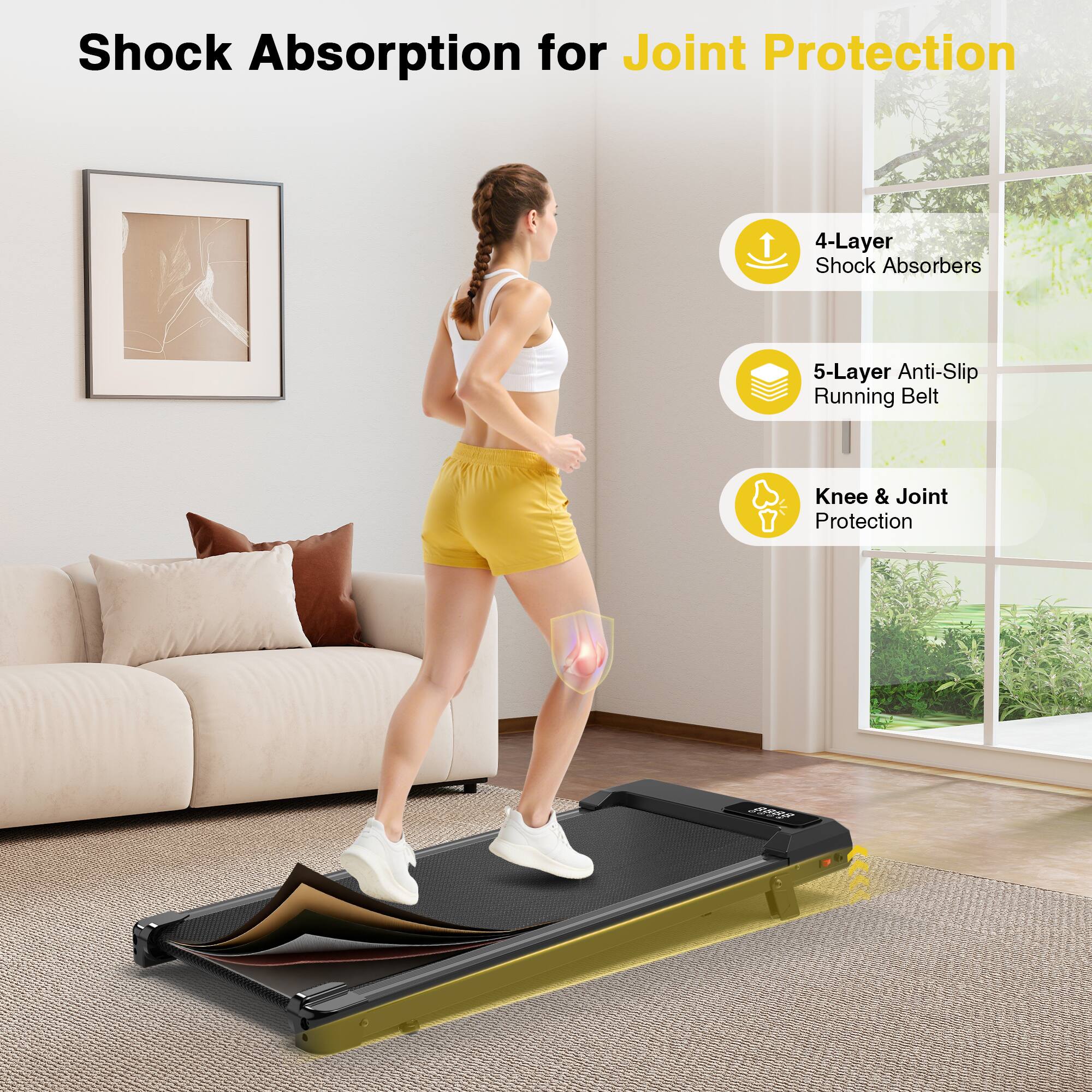 Shock Absorption for Joint Protection

- 4-Layer Shock Absorbers
- 5-Layer Anti-Slip Running Belt
- Knee & Joint Protection