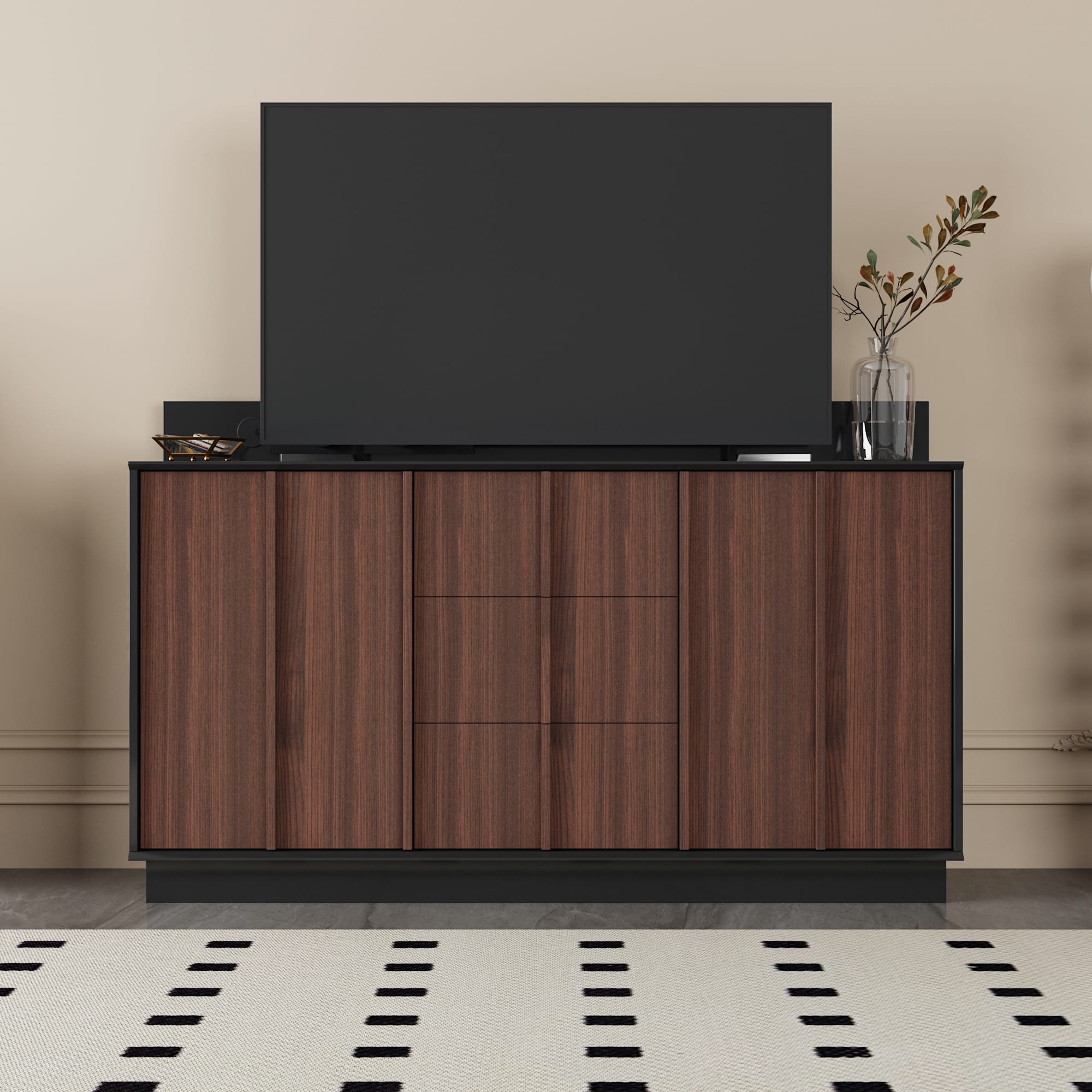 Famapy - TV Stand with Power Outlets and Cable Management, 65" Entertainment Center with Storage Drawers and Walnut Finish - Brown