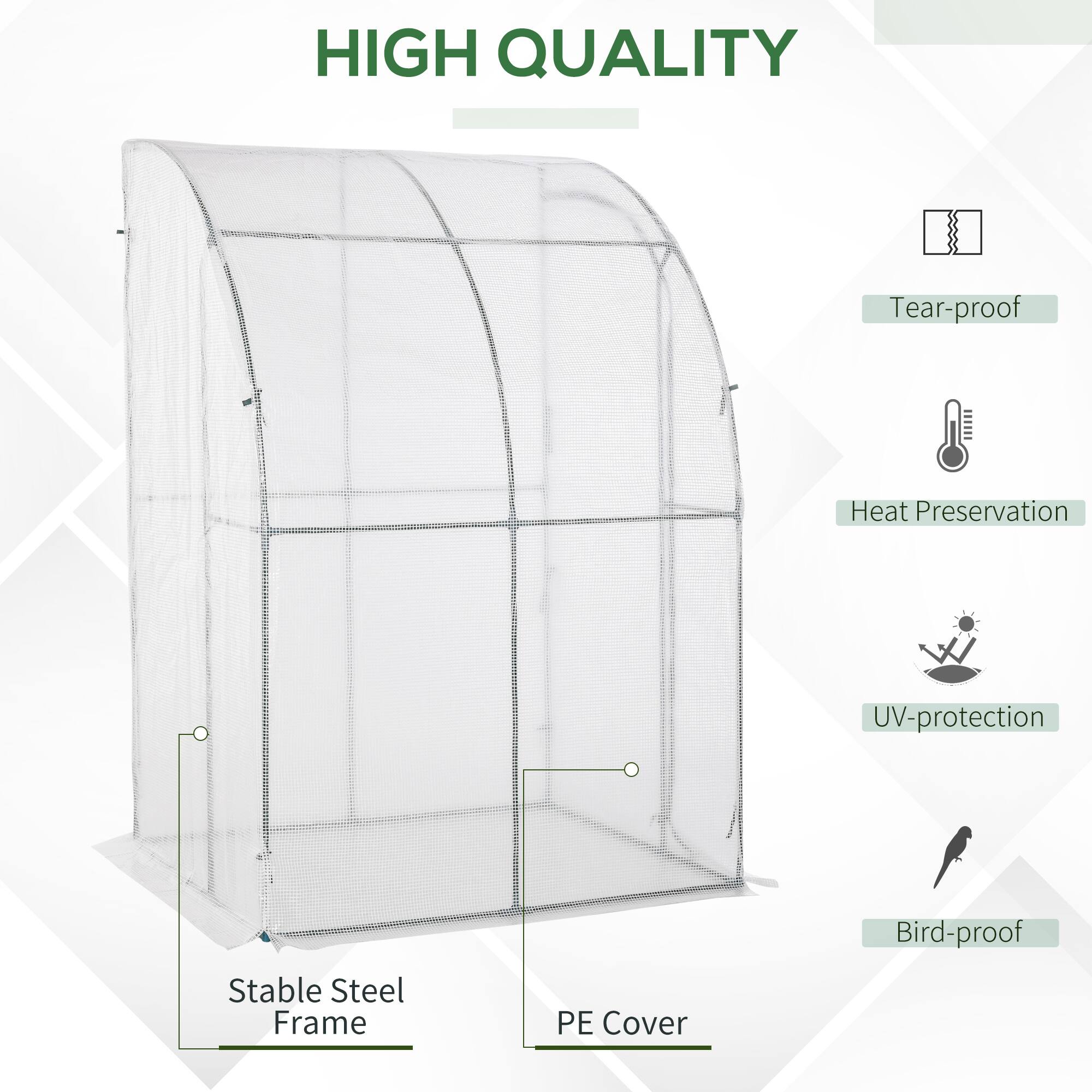 HIGH QUALITY
Stable Steel Frame
PE Cover
Tear-proof
Heat Preservation
UV-protection
Bird-proof