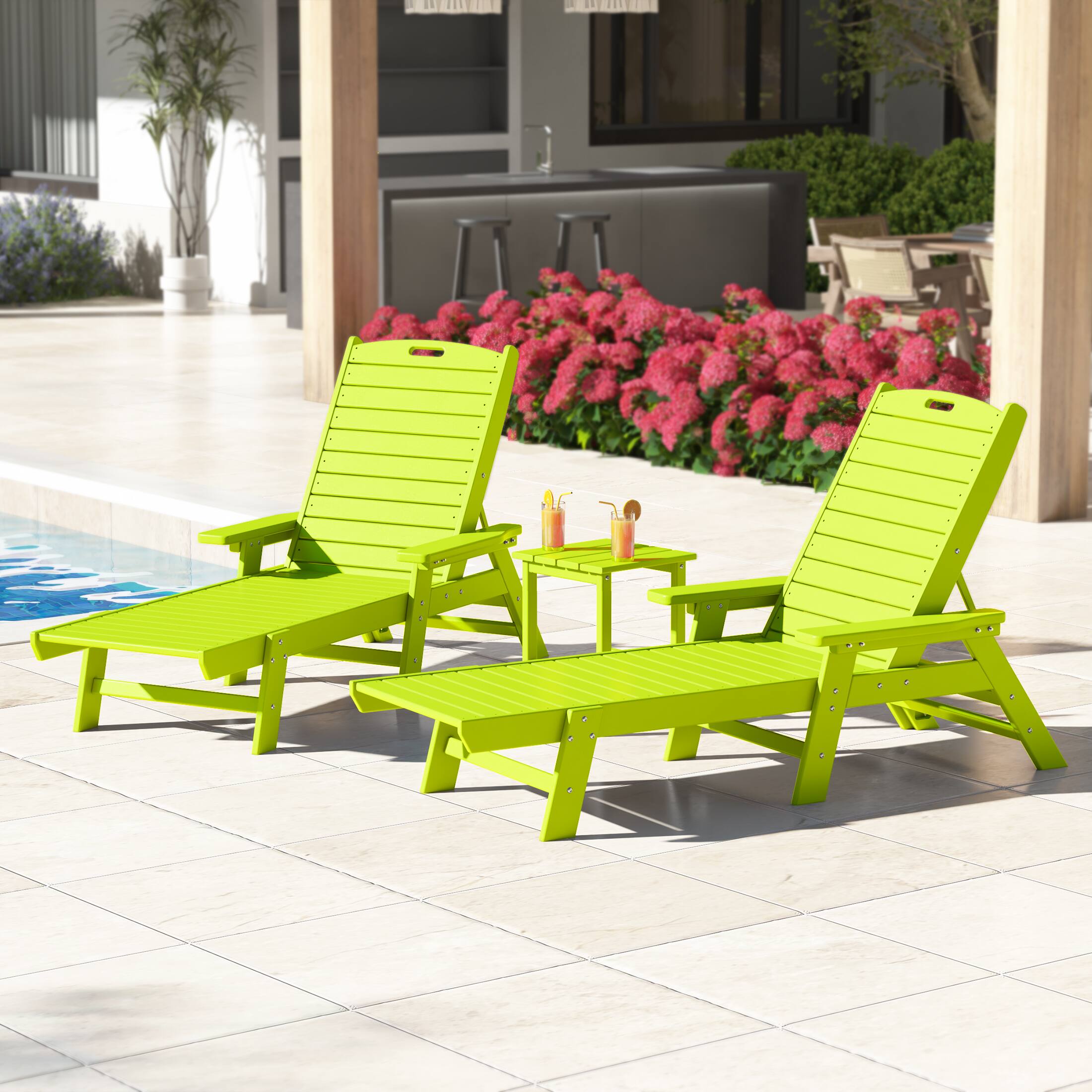 Angle. WestinTrends - WestinTrends Malibu 3 piece Set Poly Adirondack Outdoor Chaise Lounges with Side Table - Lime.