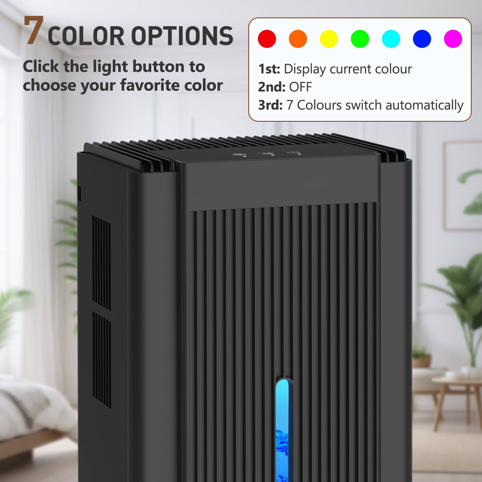 7 COLOR OPTIONS  
Click the light button to choose your favorite color  

1st: Display current color  
2nd: OFF  
3rd: 7 Colors switch automatically