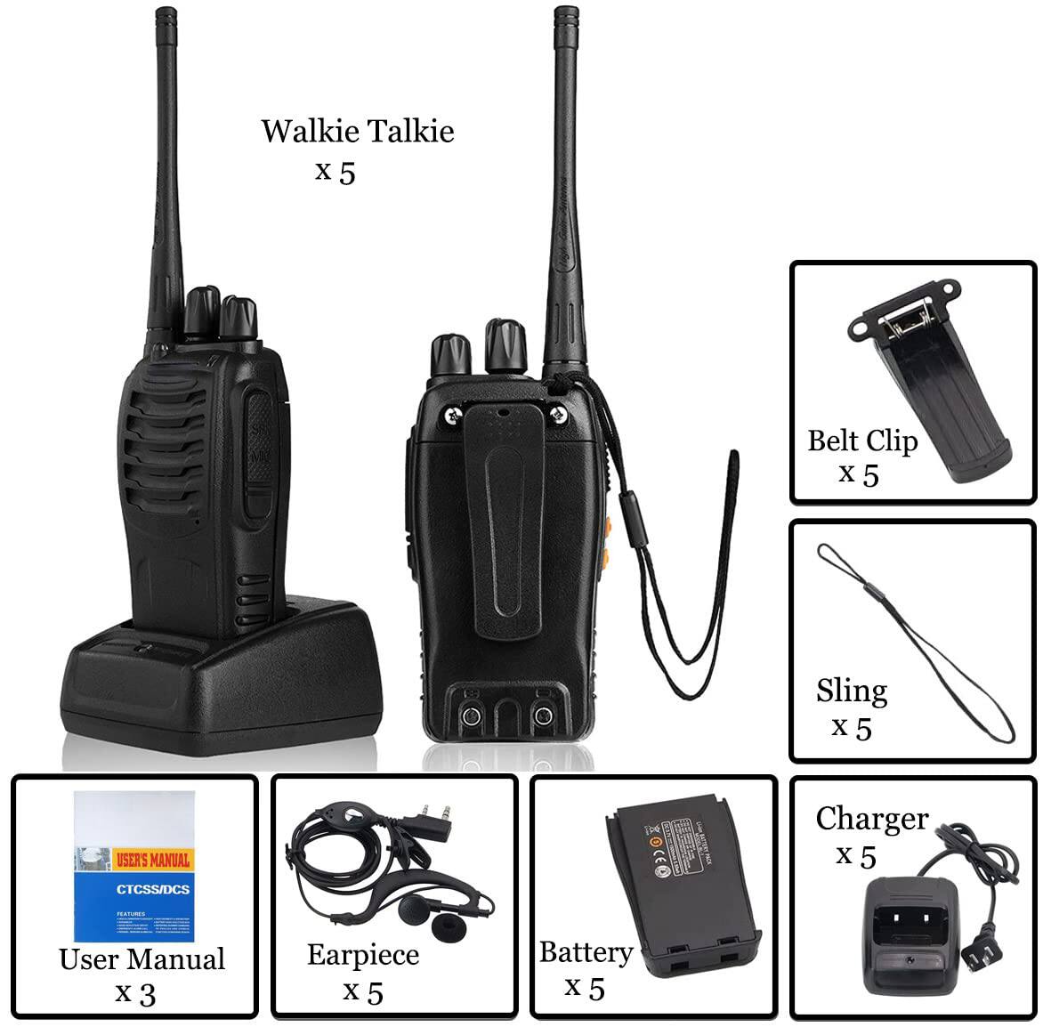 Walkie Talkie x 5  
Belt Clip x 5  
Sling x 5  
User Manual x 3  
Charger x 5  
Earpiece x 5  
Battery x 5