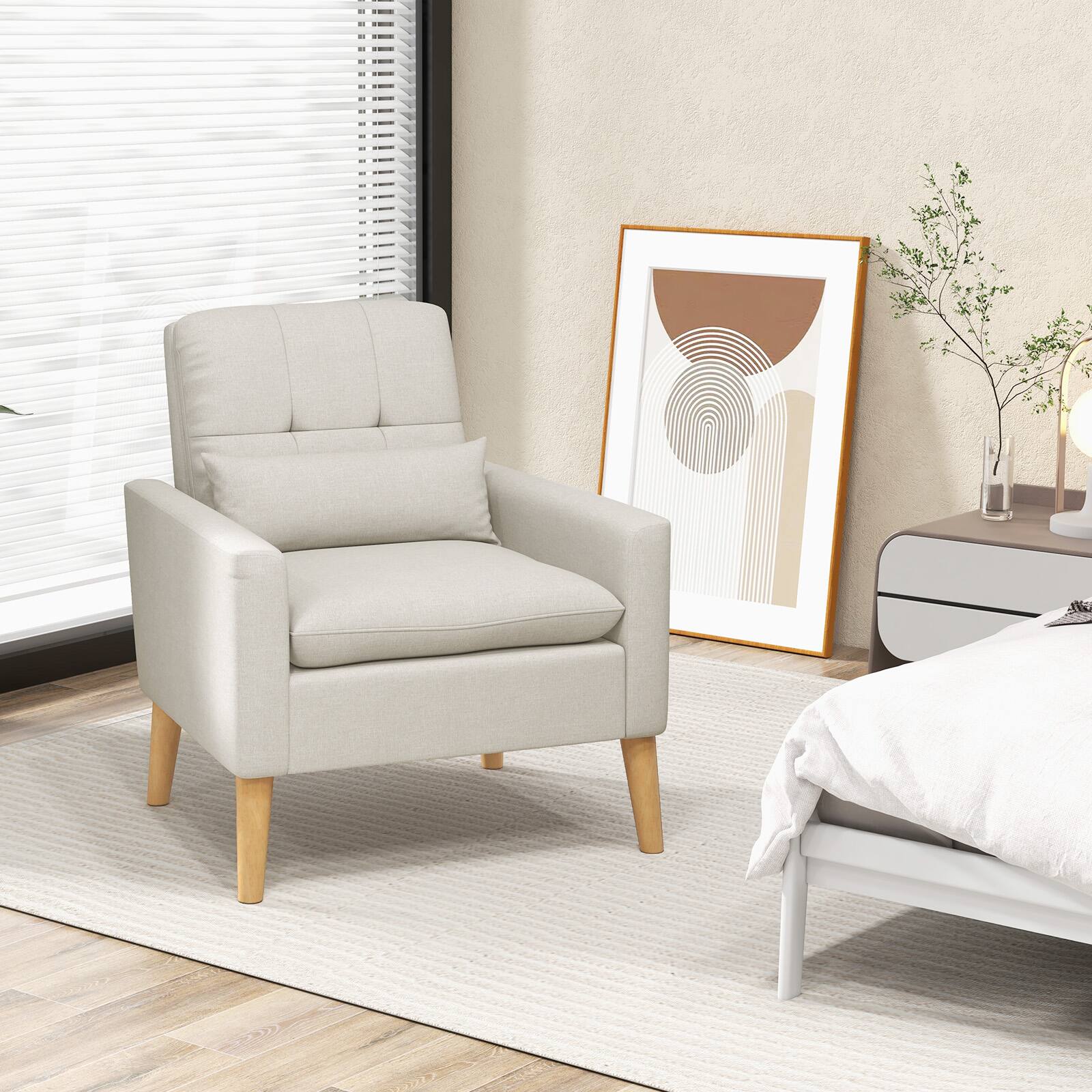 Alt View 11. Costway - Mid-Century Modern Linen Accent Chair with Lumbar Pillow - Beige.