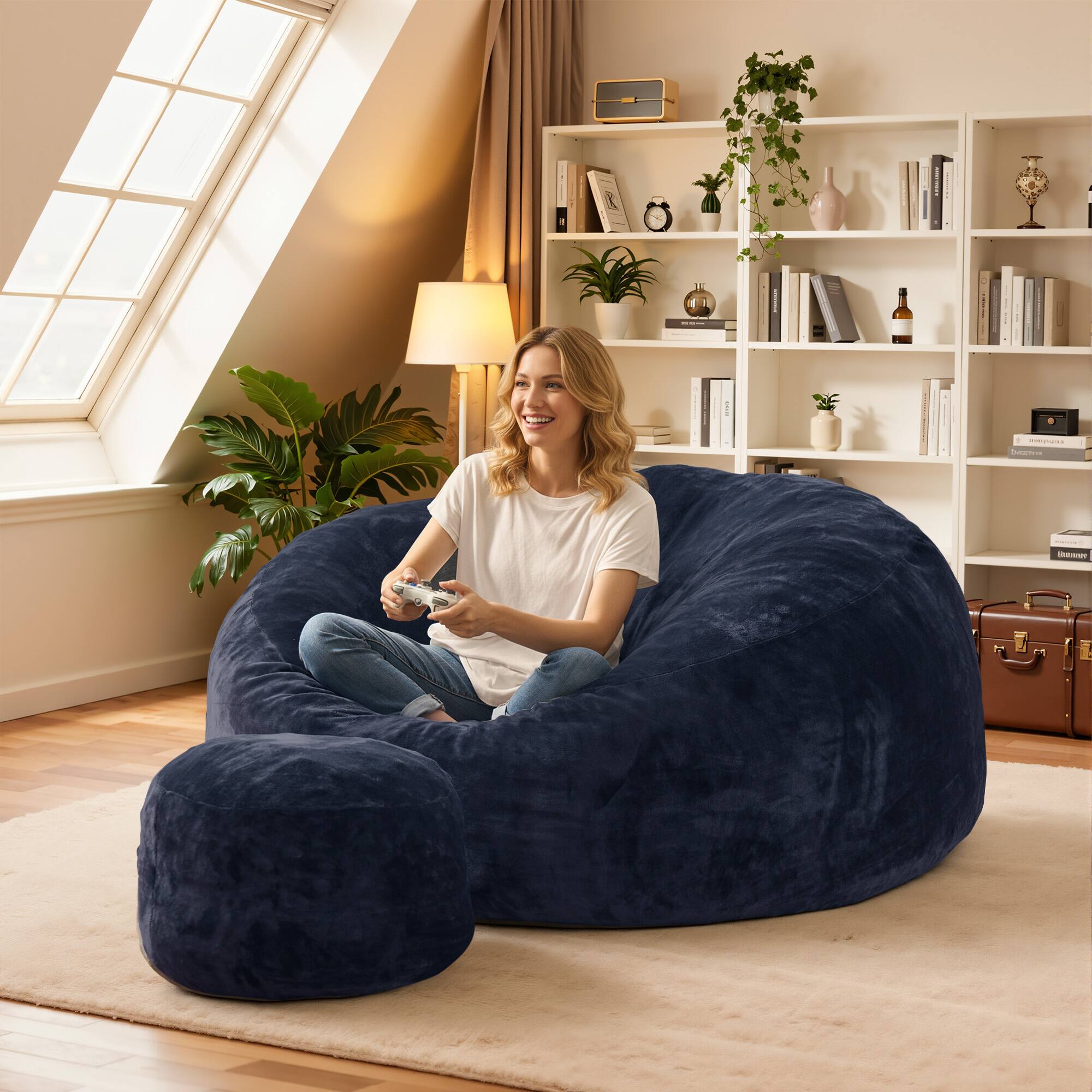 Alt View 2. Ovios - 59" Big Bean Bag Chair with Removable Cover & Ottoman for Living Room Bedroom - Blue(Velvet).