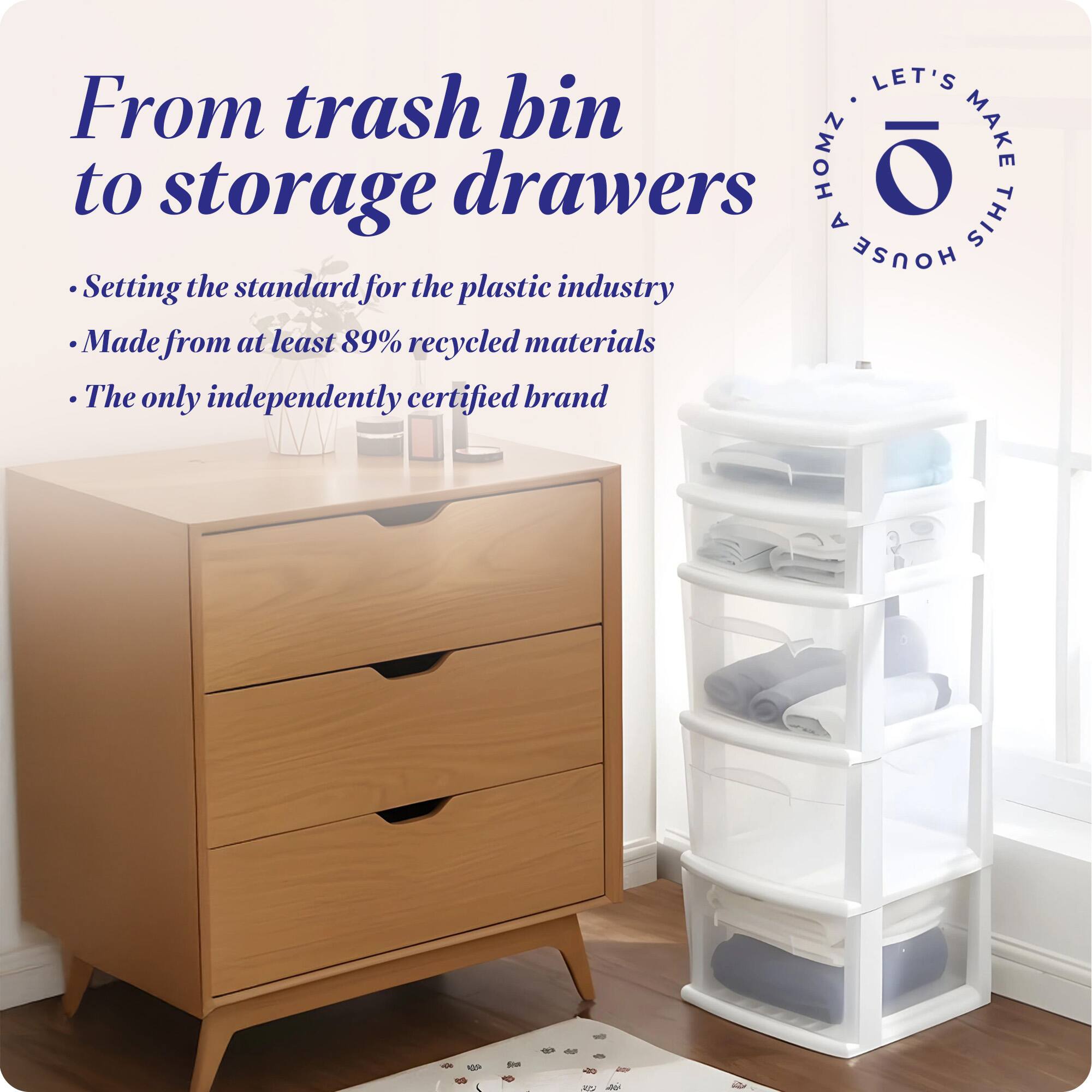 From trash bin to storage drawers

- Setting the standard for the plastic industry
- Made from at least 89% recycled materials
- The only independently certified brand

LET'S MAKE THIS HOUSE A HOMER