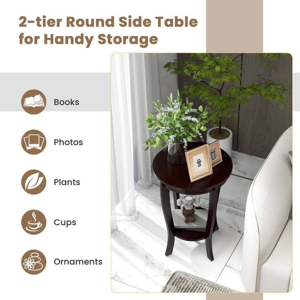 2-tier Round Side Table for Handy Storage

- Books
- Photos
- Plants
- Cups
- Ornaments