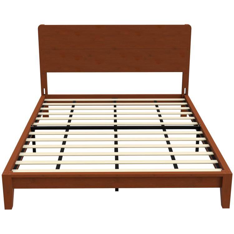 PULUZ - Queen Size Bamboo Platform Bed Frame with Headboard and 12 Poplar Slats, No Box Spring Needed, Easy Assembly - Brown
