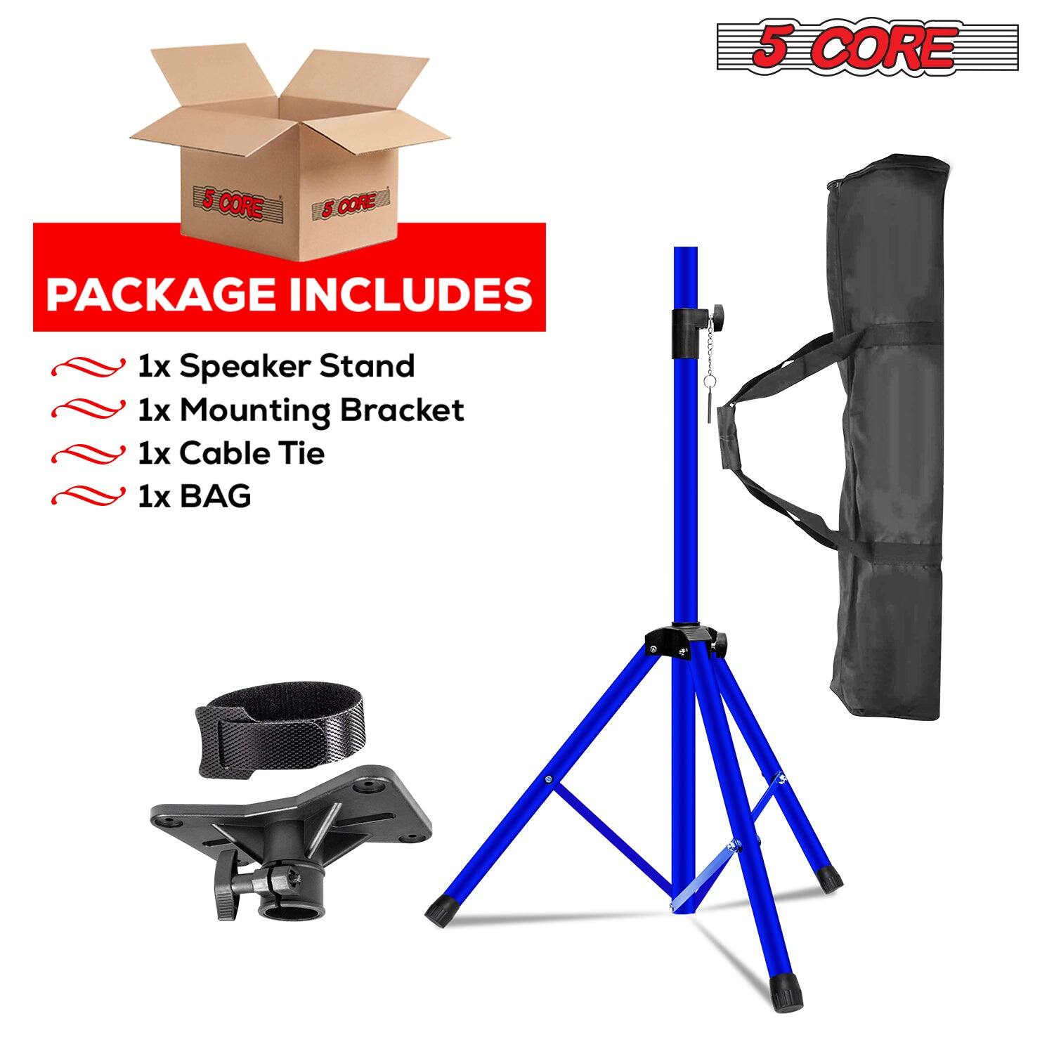 The text on the image is:

"5 CORE PACKAGE INCLUDES
1x Speaker Stand
1x Mounting Bracket
1x Cable Tie
1x BAG"